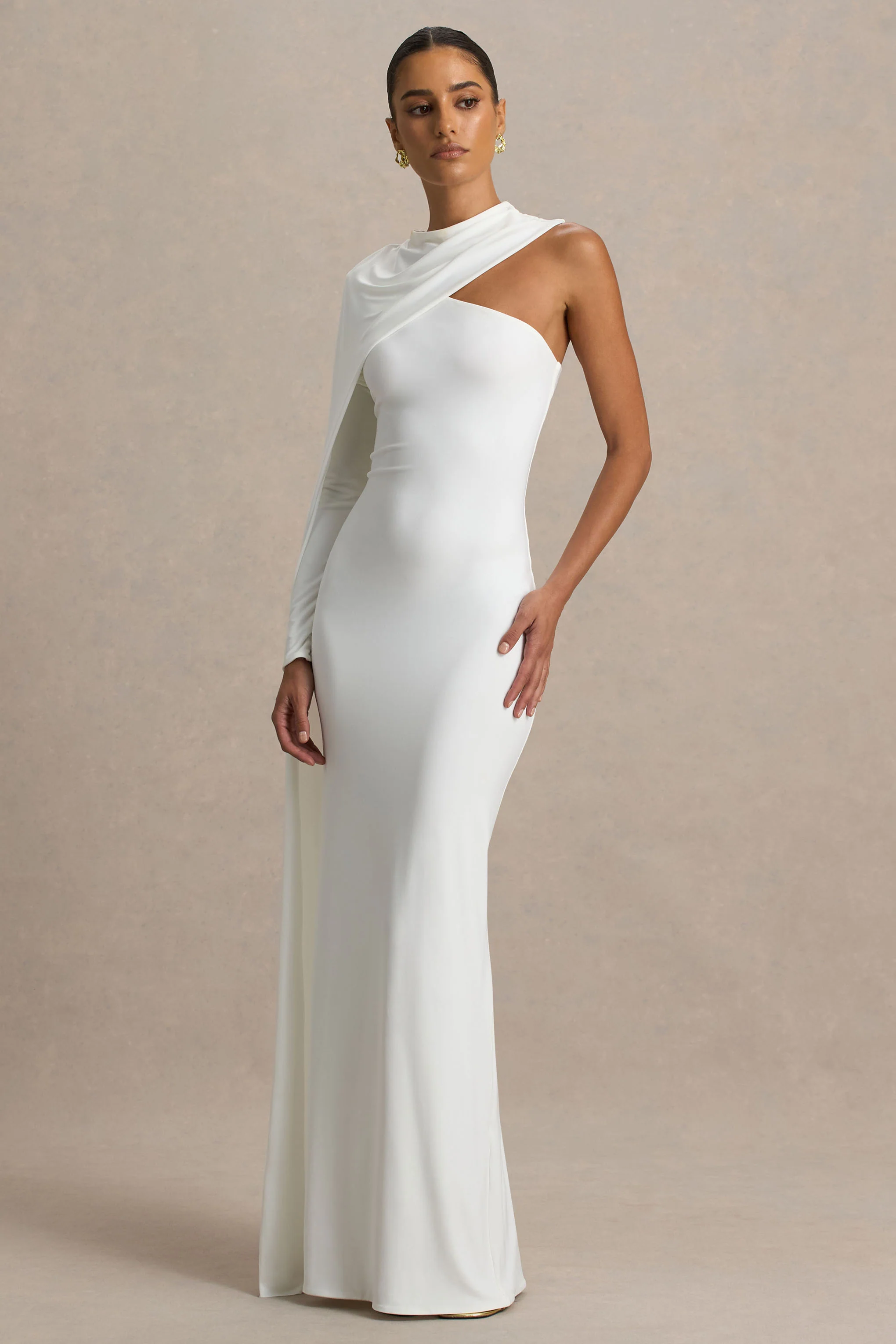Dawn | Cream High-Neck Maxi Dress With One Long-Sleeve And Cape