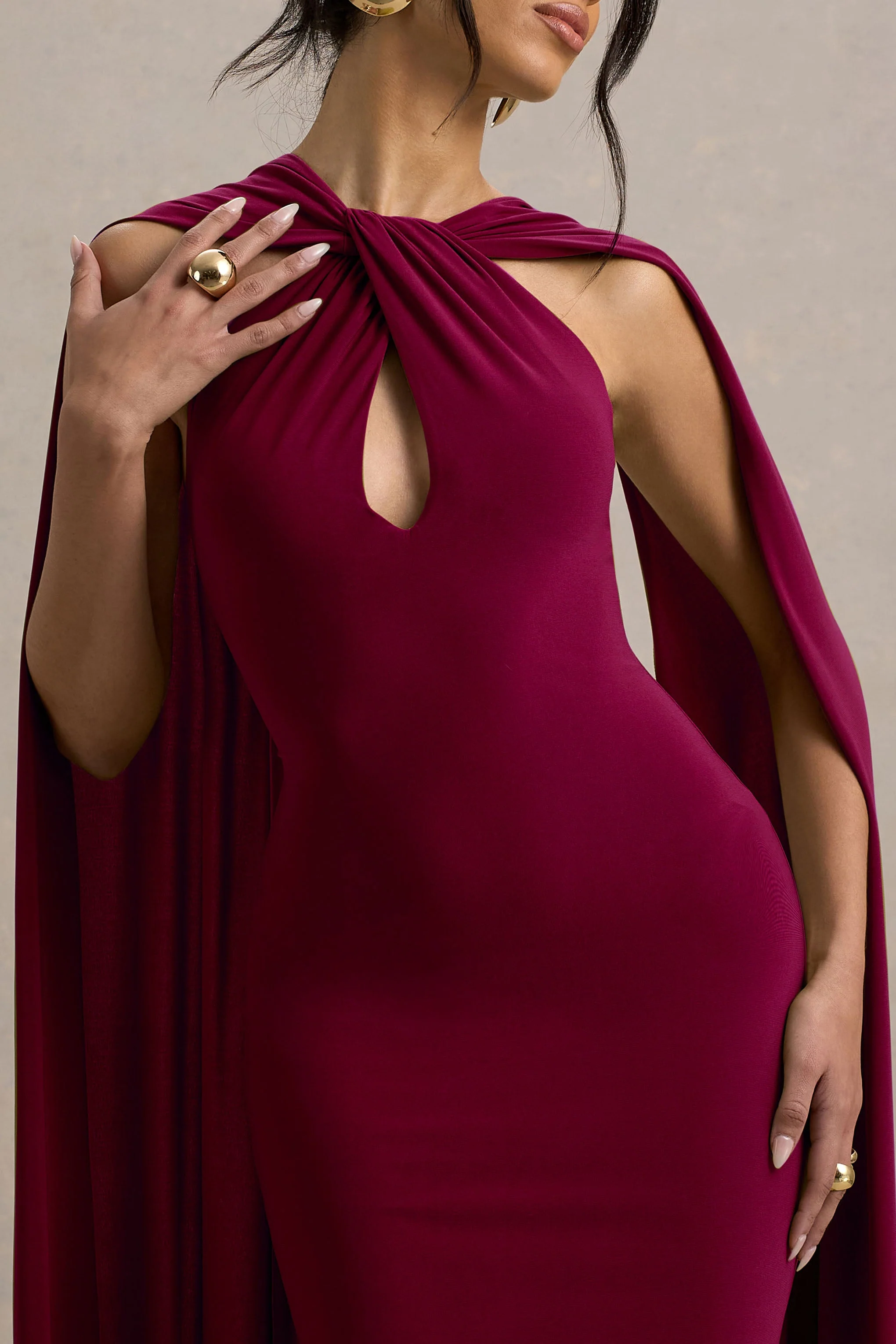 Rhoda | Burgundy Twist Halter-Neck Cape Maxi Dress