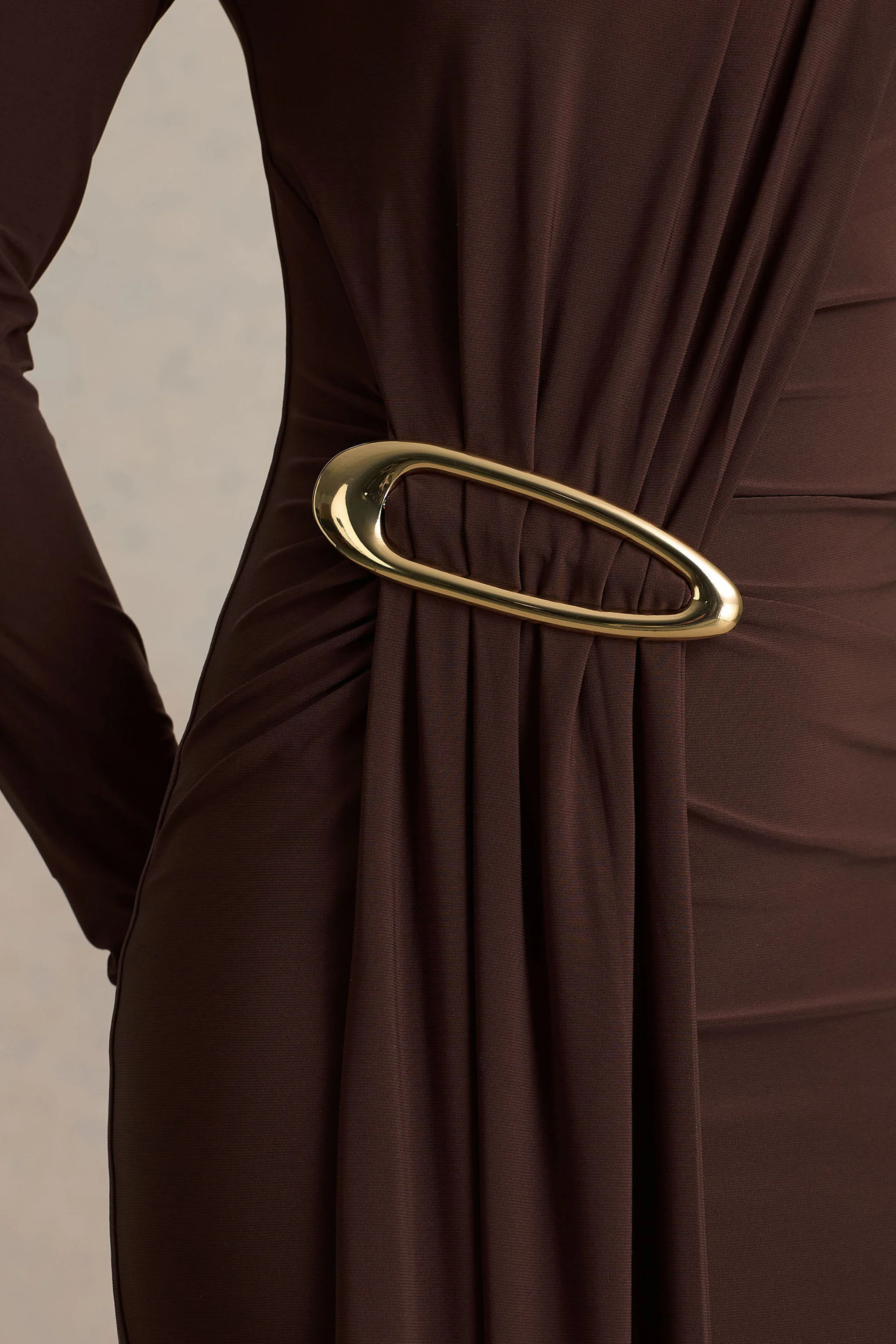 Zadie | Brown High-Neck Maxi Dress With Gathered-Detail