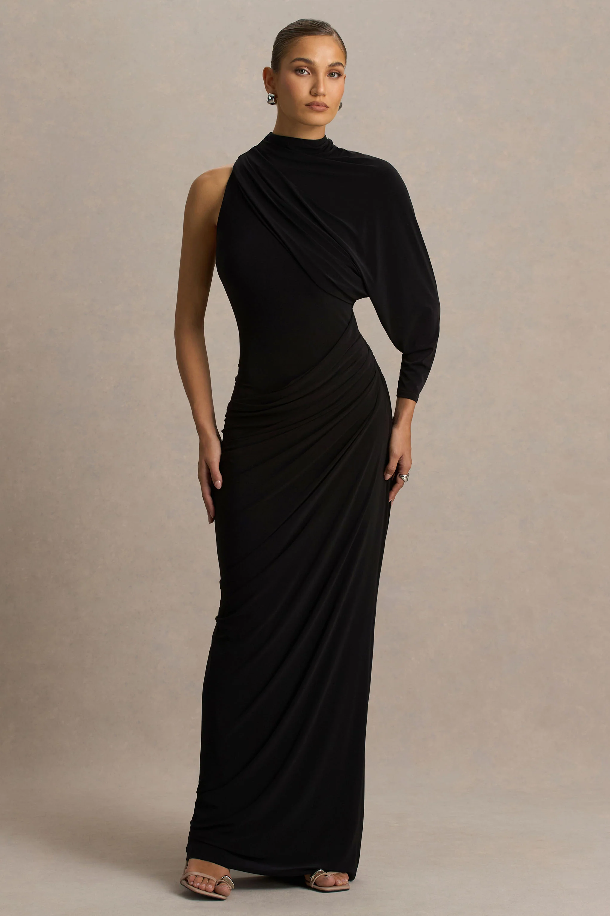 Aphra | Black High-Neck Maxi Dress With Cape-Sleeve