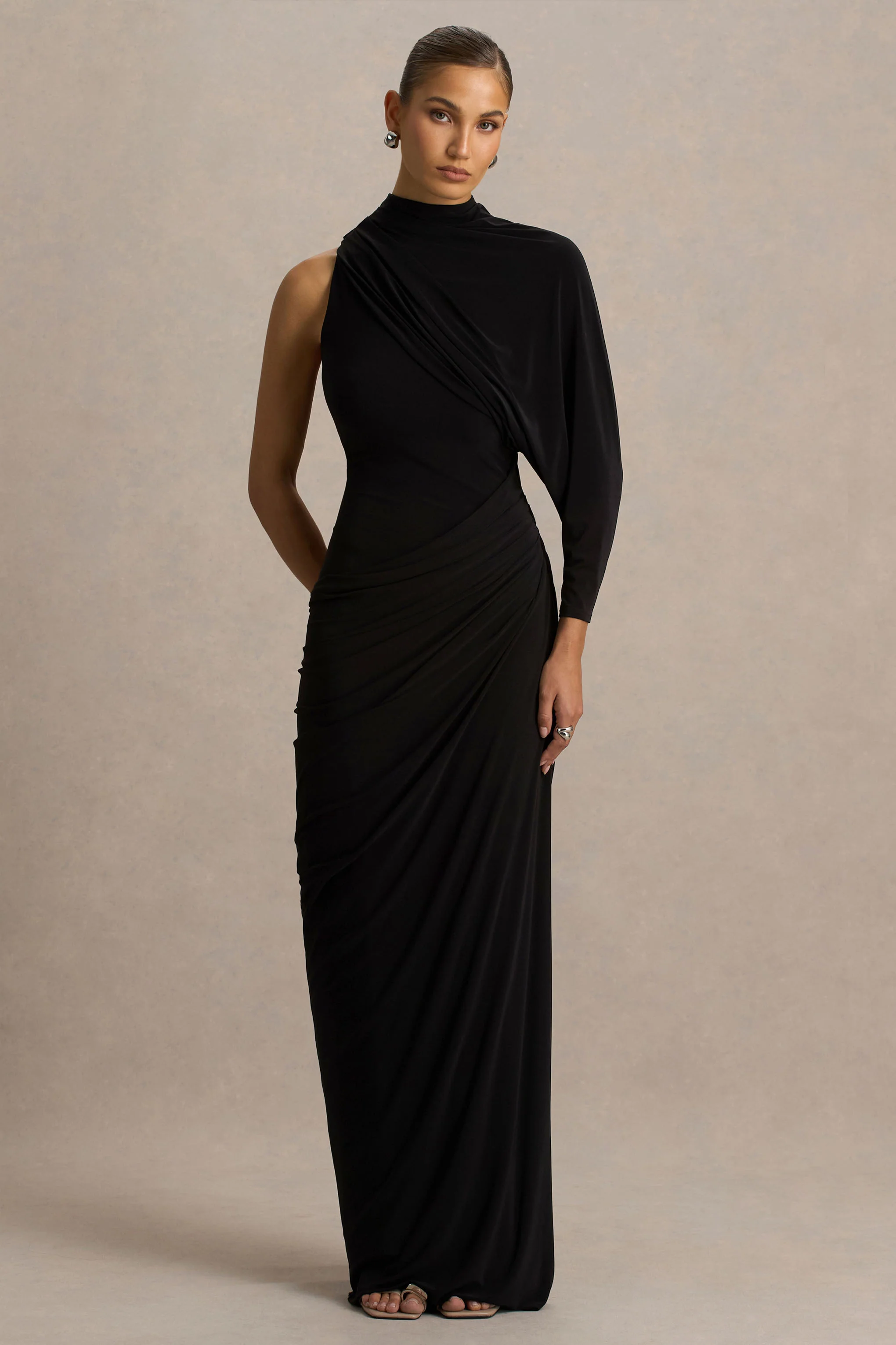 Aphra | Black High-Neck Maxi Dress With Cape-Sleeve
