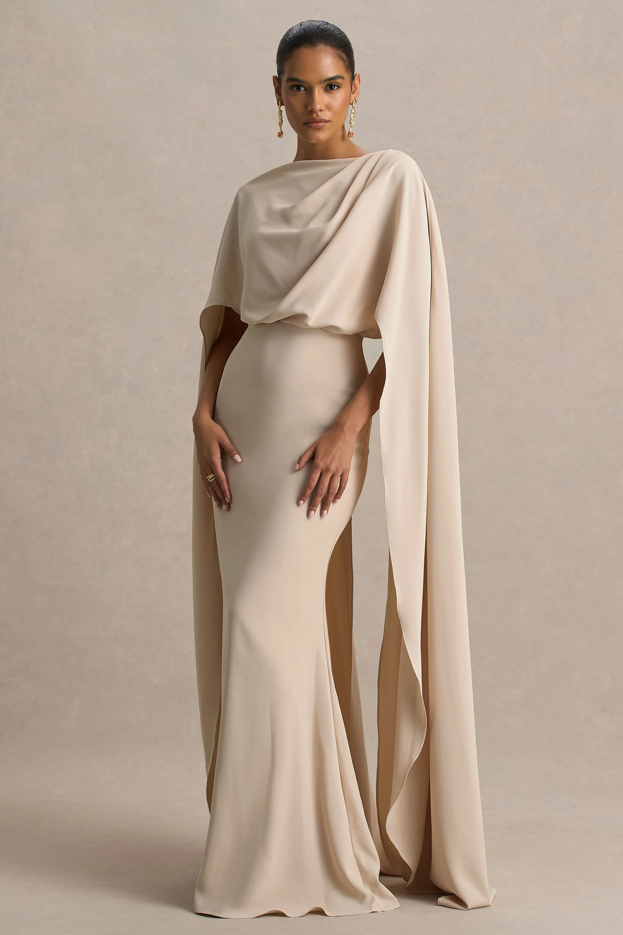 Pristina | Sand Boat-Neck Woven Maxi Dress With Cape Detail