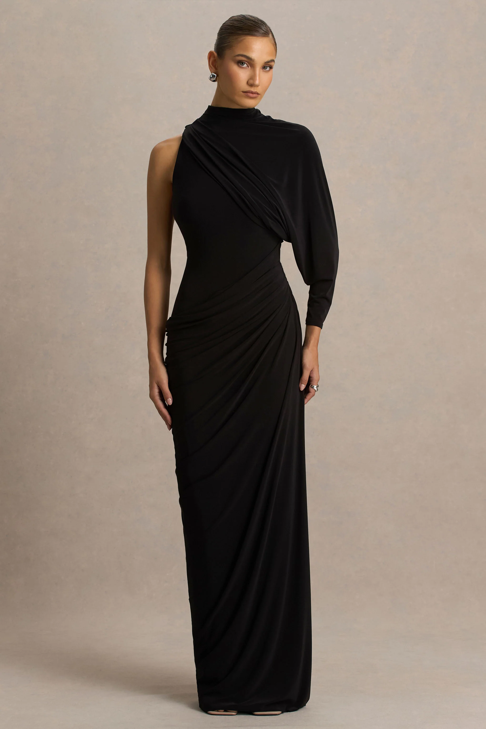 Aphra | Black High-Neck Maxi Dress With Cape-Sleeve