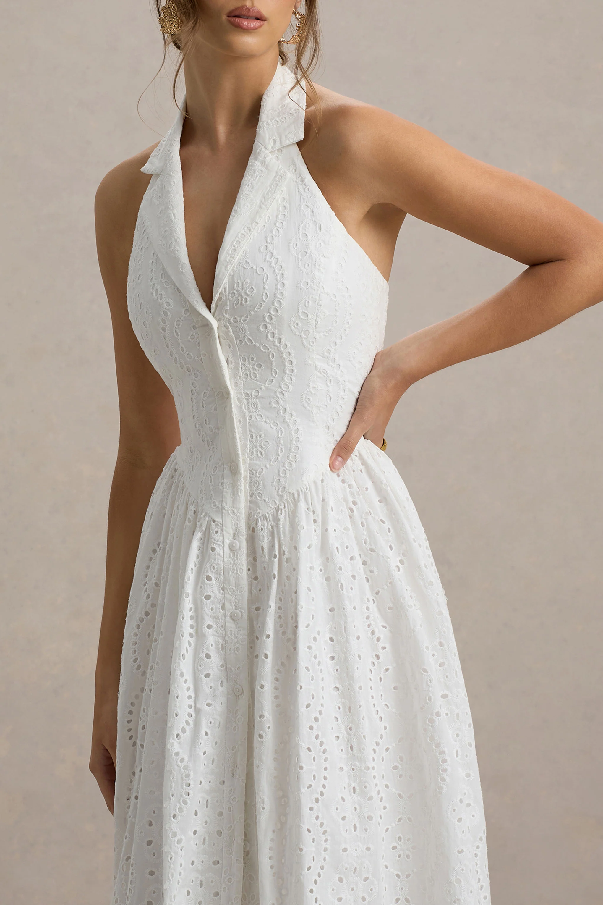 Jezebel | White Lace Plunge-Neck Collared Midi Dress