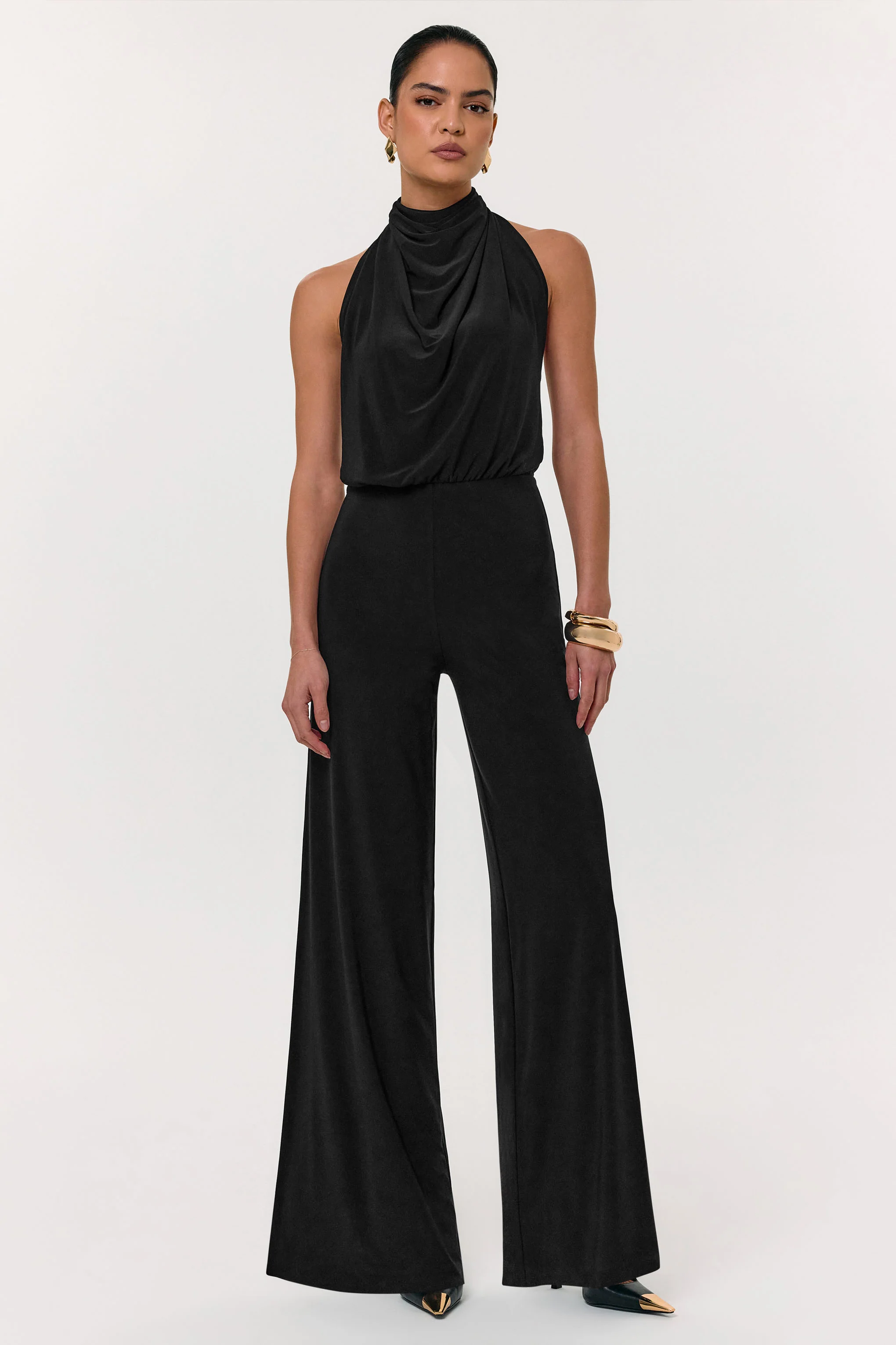 Asha | Black High-Neck Jumpsuit With Ruched Detail