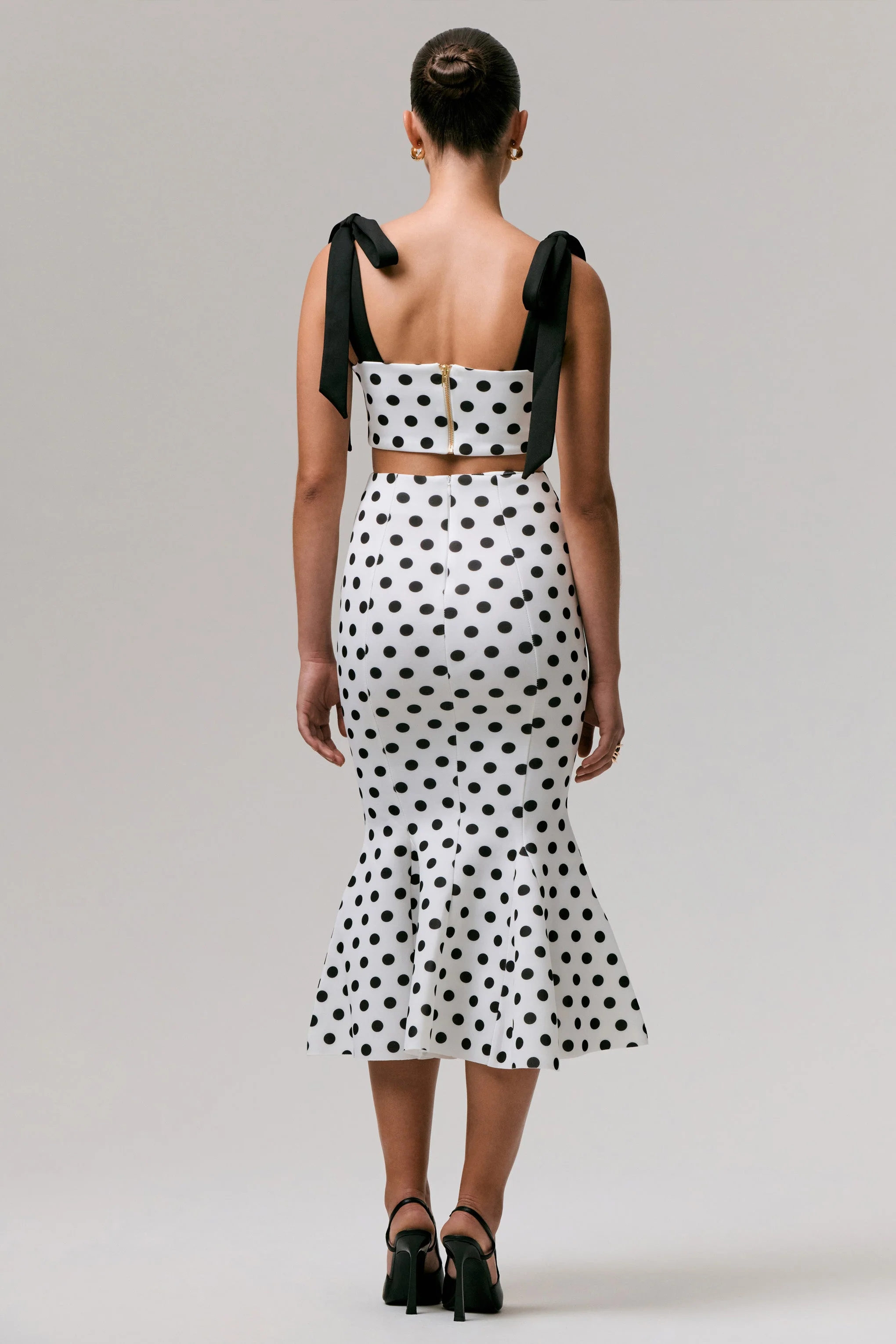 Amadea | Black & White Polka Dot Fishtail Midi Skirt
