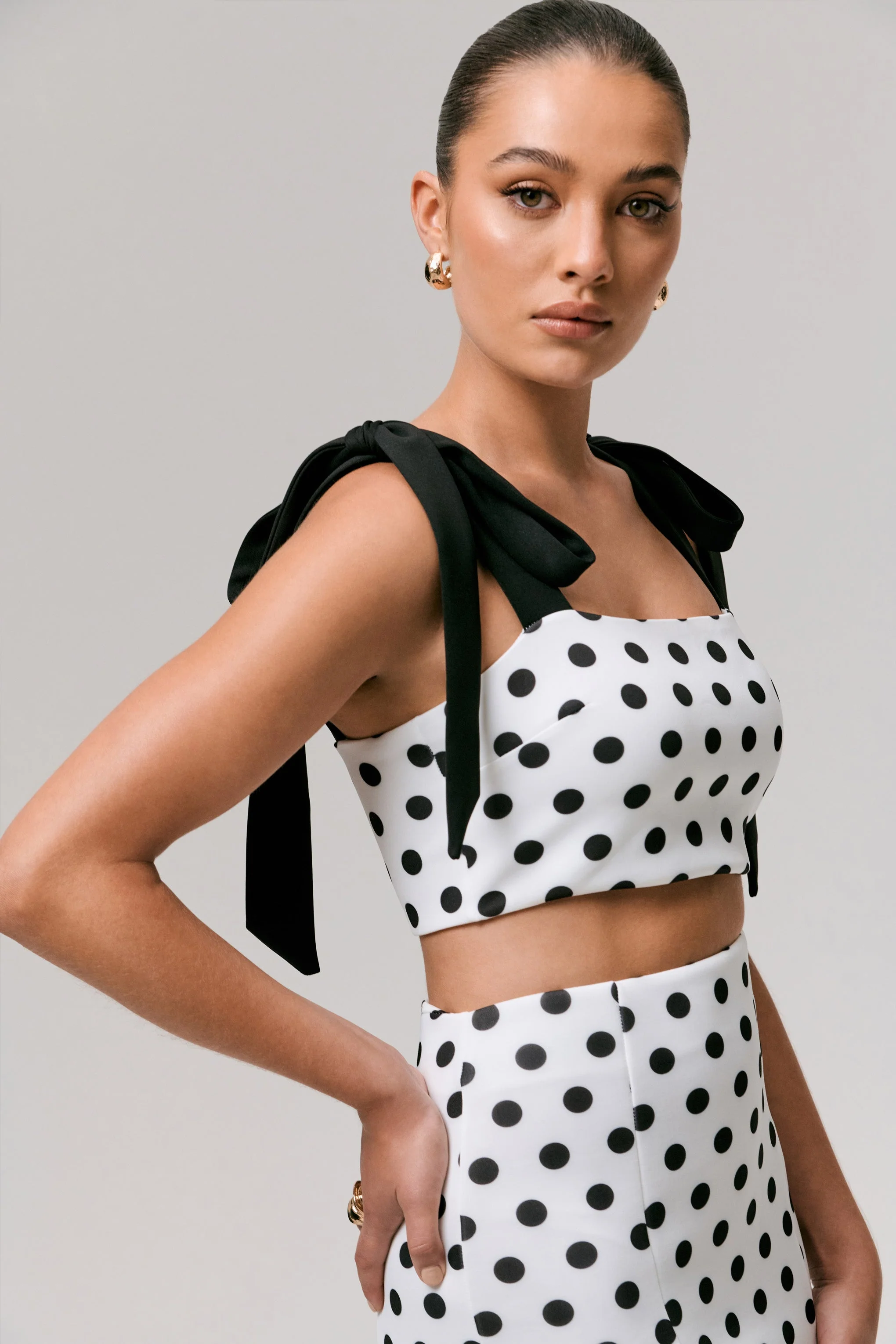 Phoebe | Black & White Polka Dot Crop Top With Tie Straps Tie