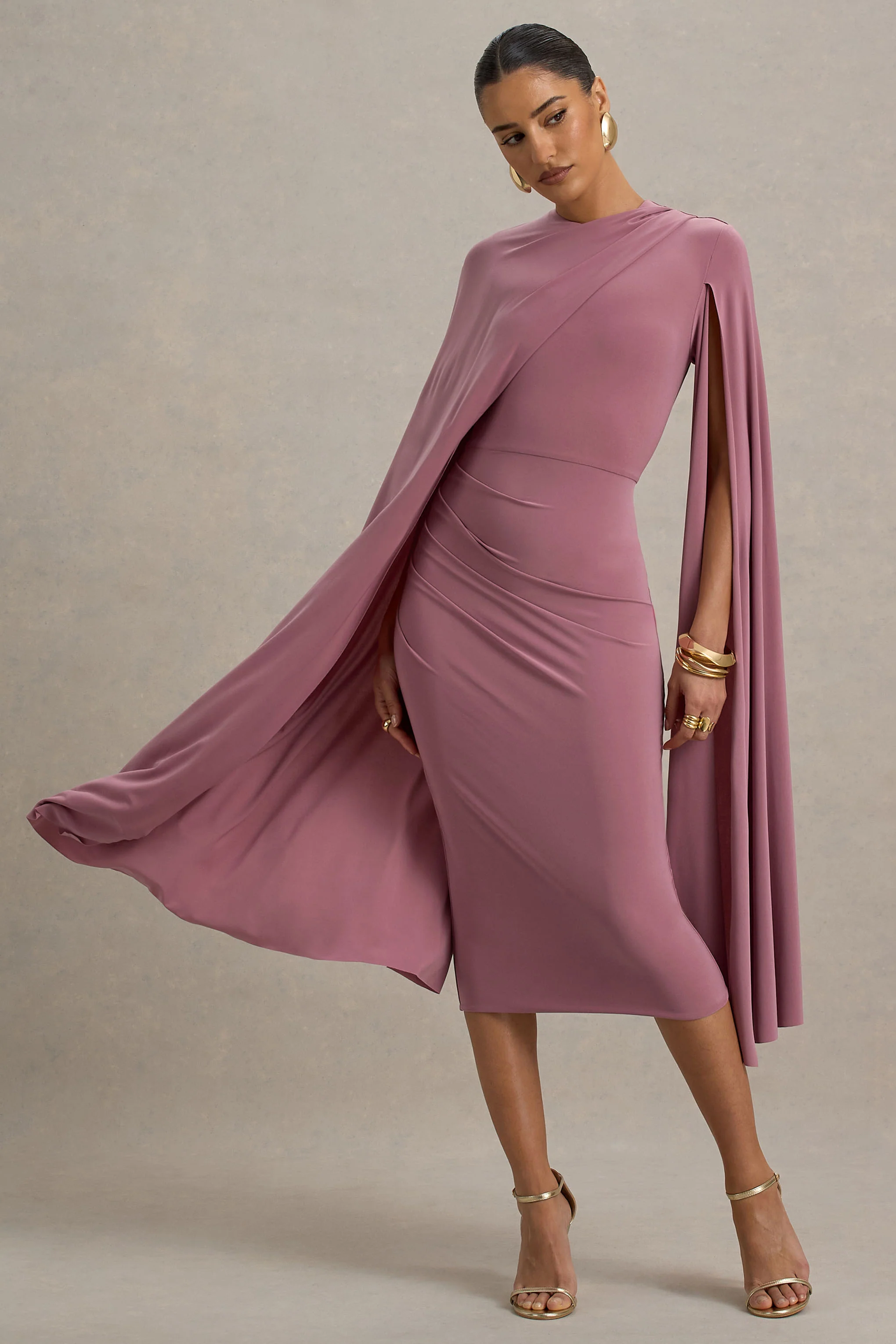 Marysol | Dusky Rose Asymmetric Cape Midi Dress
