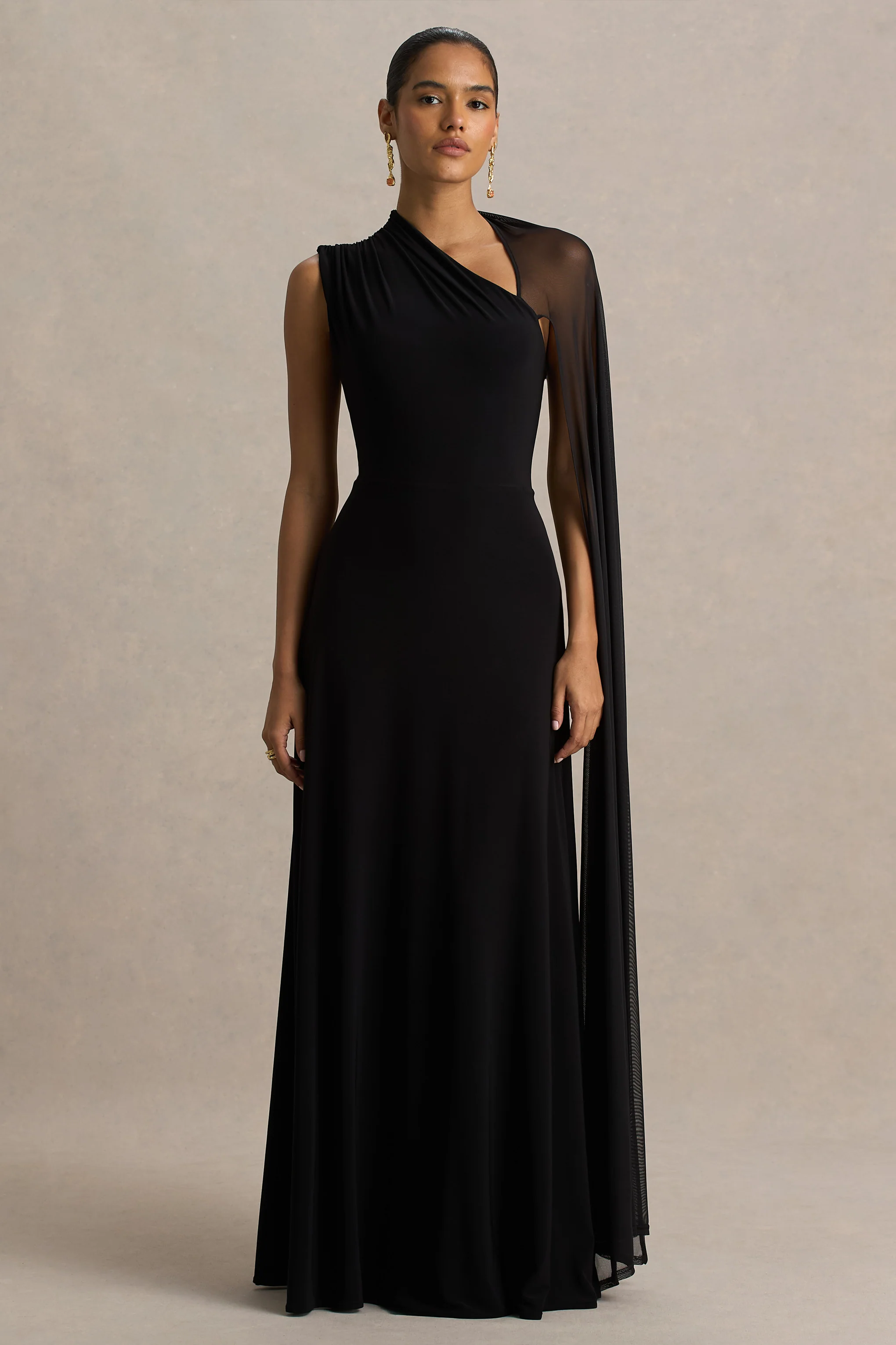 Selena | Black High-Neck Maxi Dress With Cut-Out And Cape Sleeve Detail