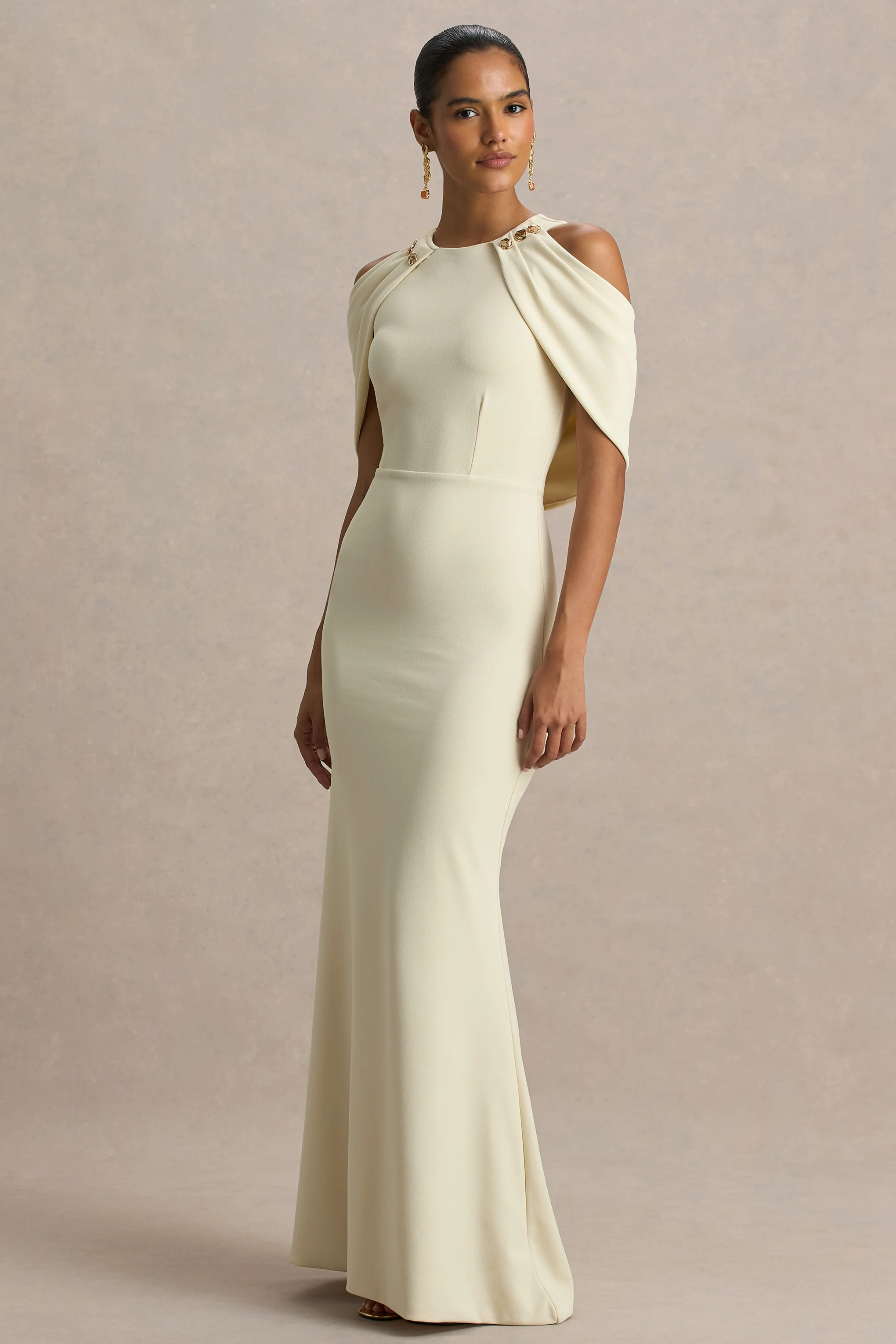 Yulia | Sand High-Neck Maxi Dress With Cape Sleeves