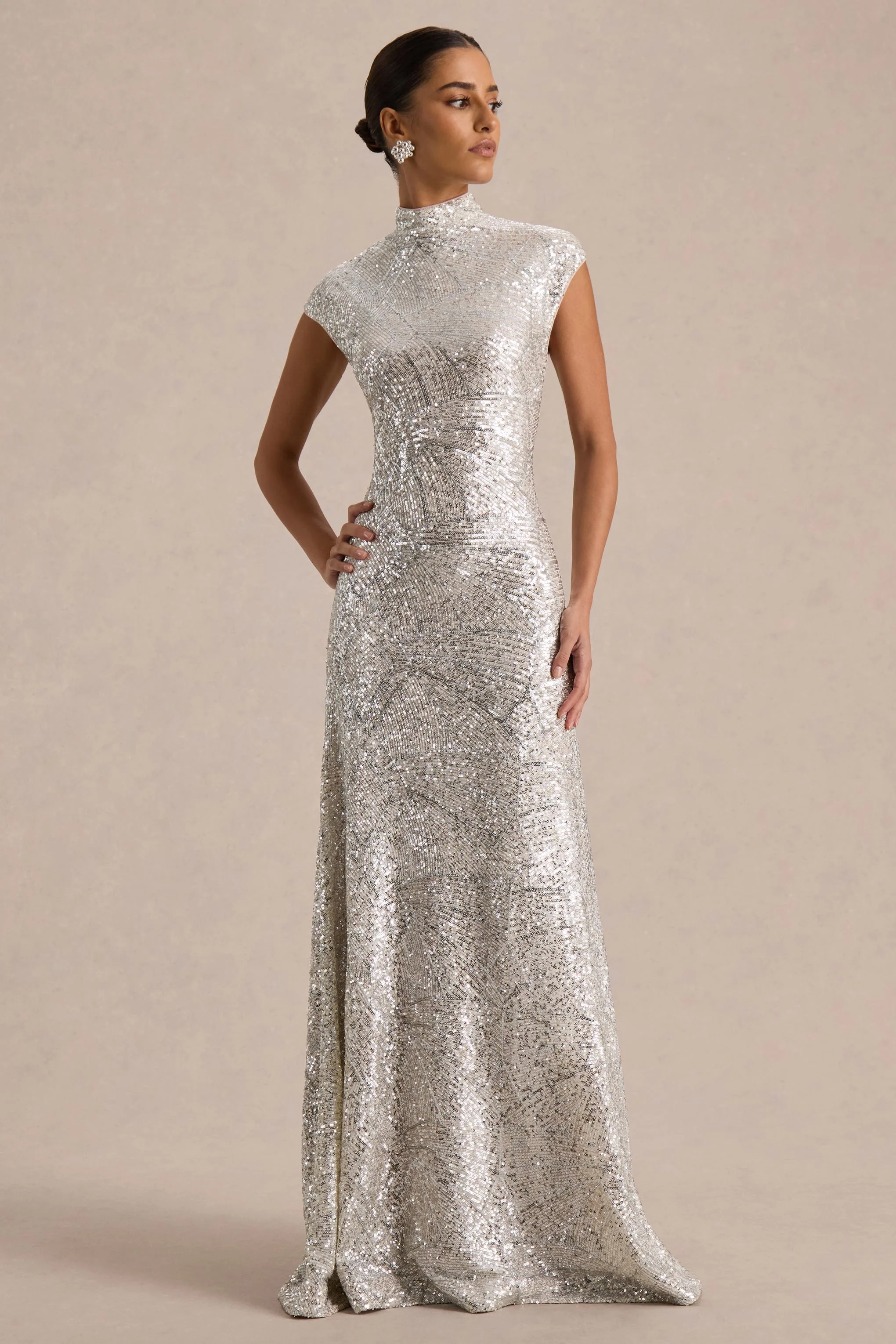 Cecy | Silver Sequin High-Neck Maxi Dress With Cap Sleeves
