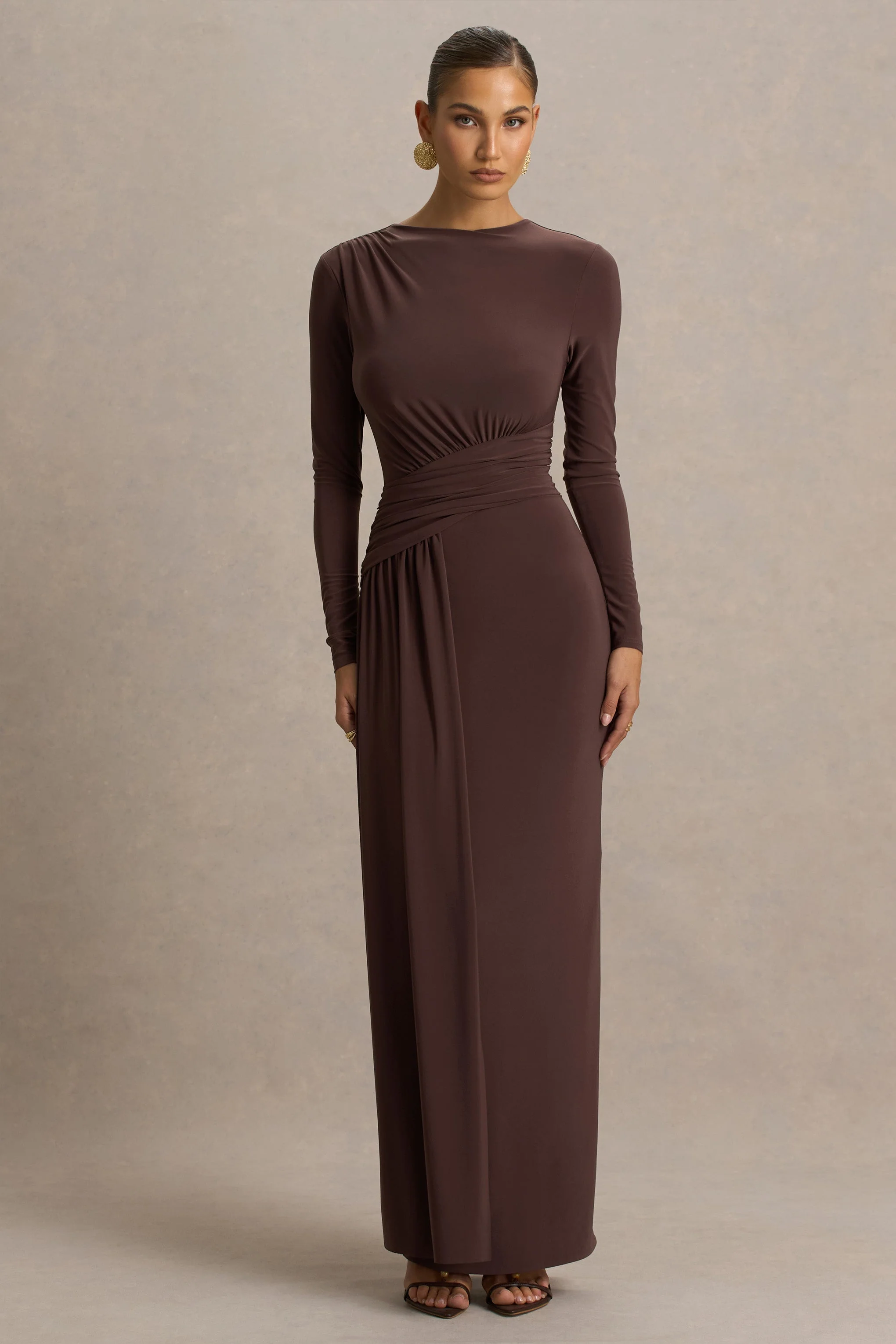 Virelle | Brown Boat-Neck Maxi Dress With Wrap Detail And Sash