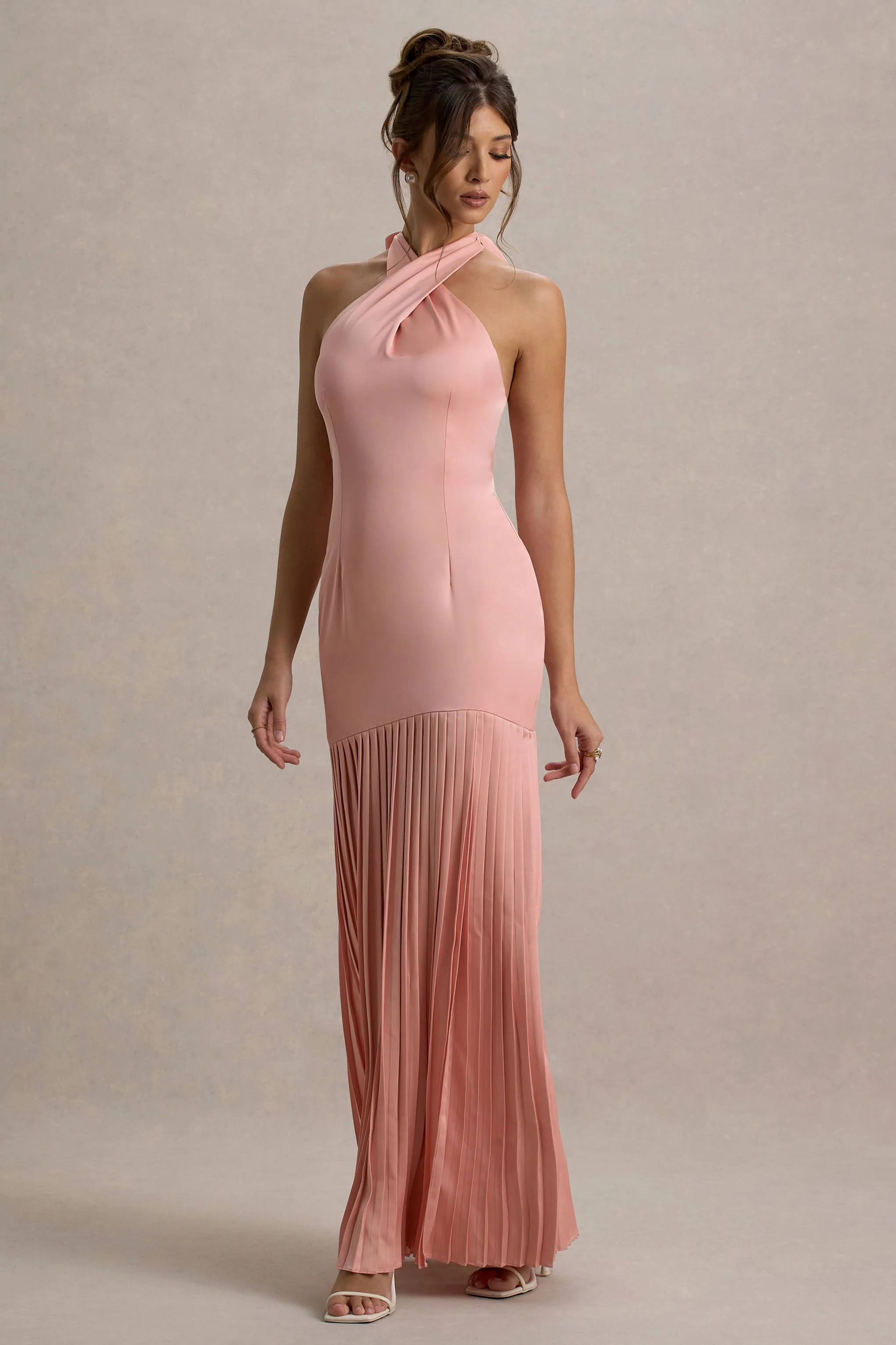 Sansa | Light Pink Satin Cross Halter-Neck Plisse Maxi Dress