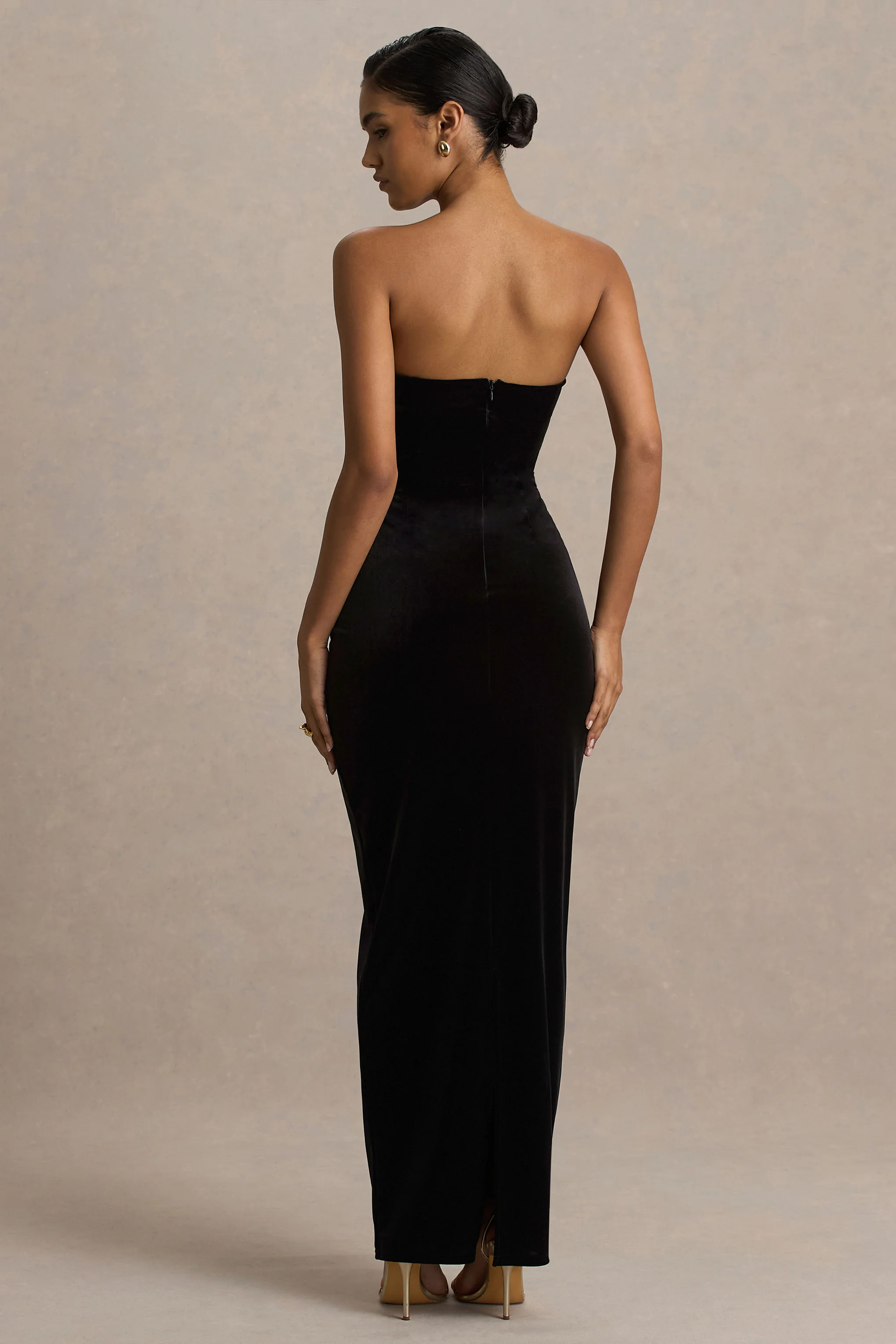Illusion | Black Velvet Bandeau Maxi Dress With Bow Detail