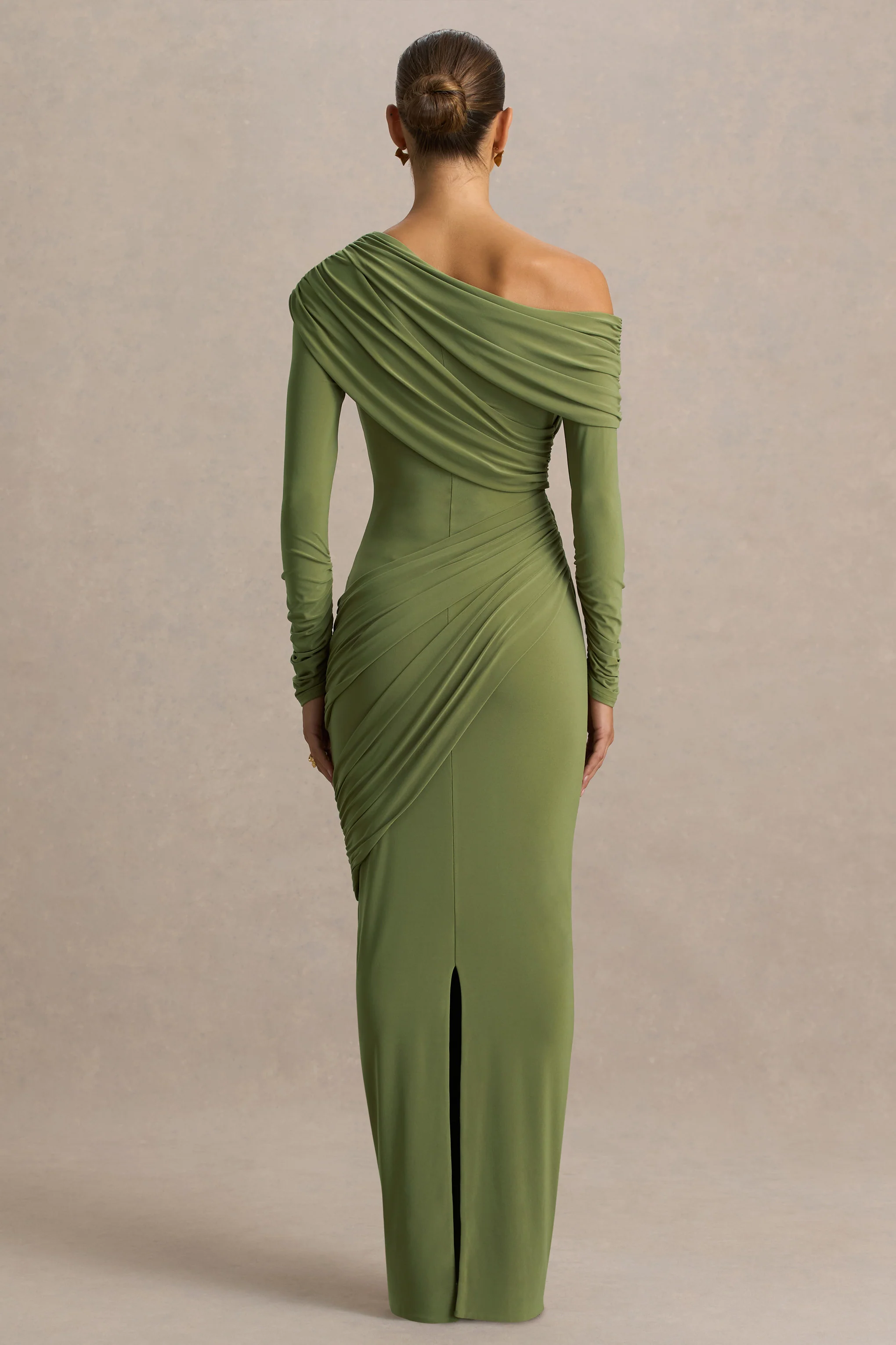 Perrie | Olive Asymmetric-Neck Maxi Dress With Ruched Detailing