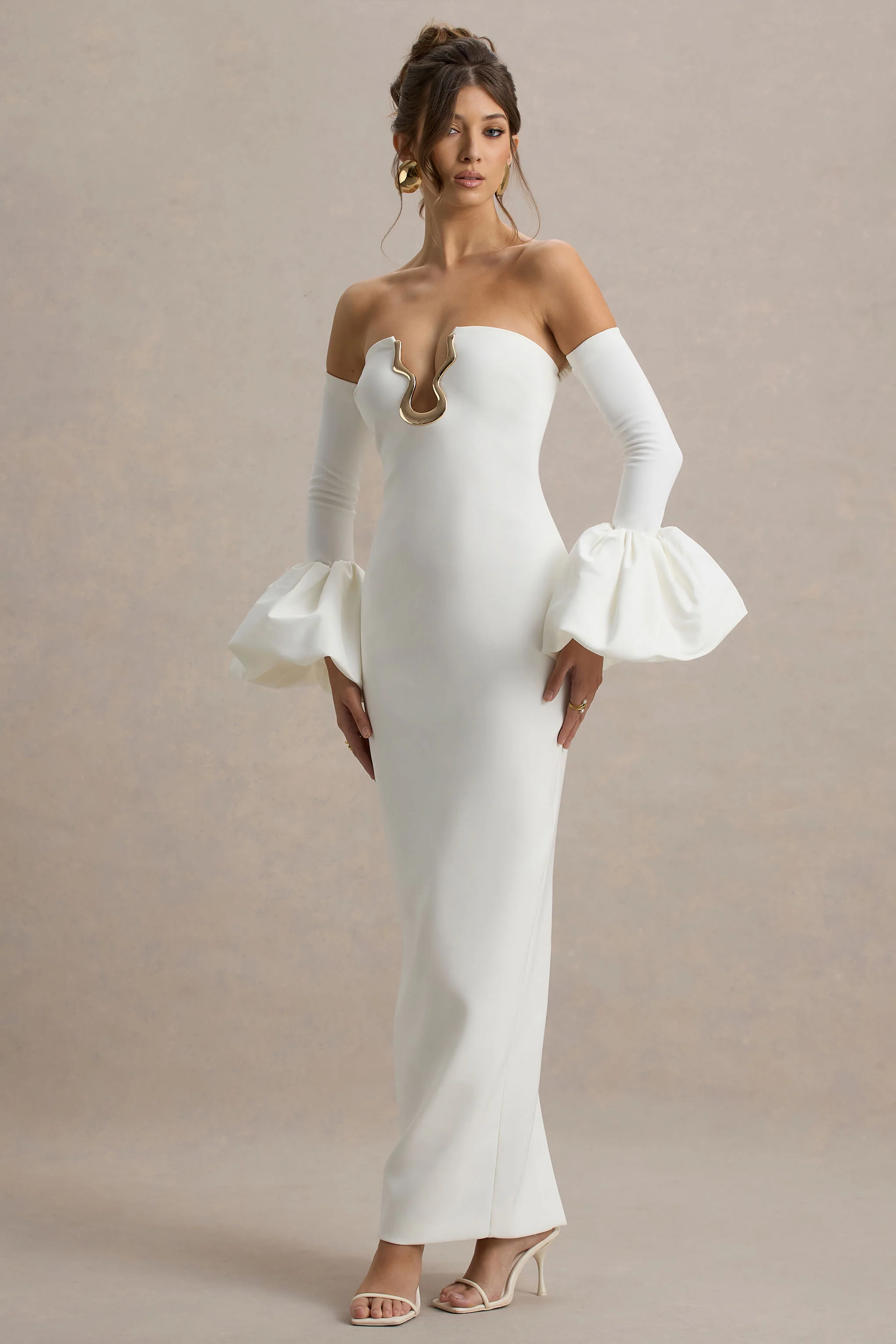 Annalisa | Cream Bandeau Maxi Dress With Satin Cuffs