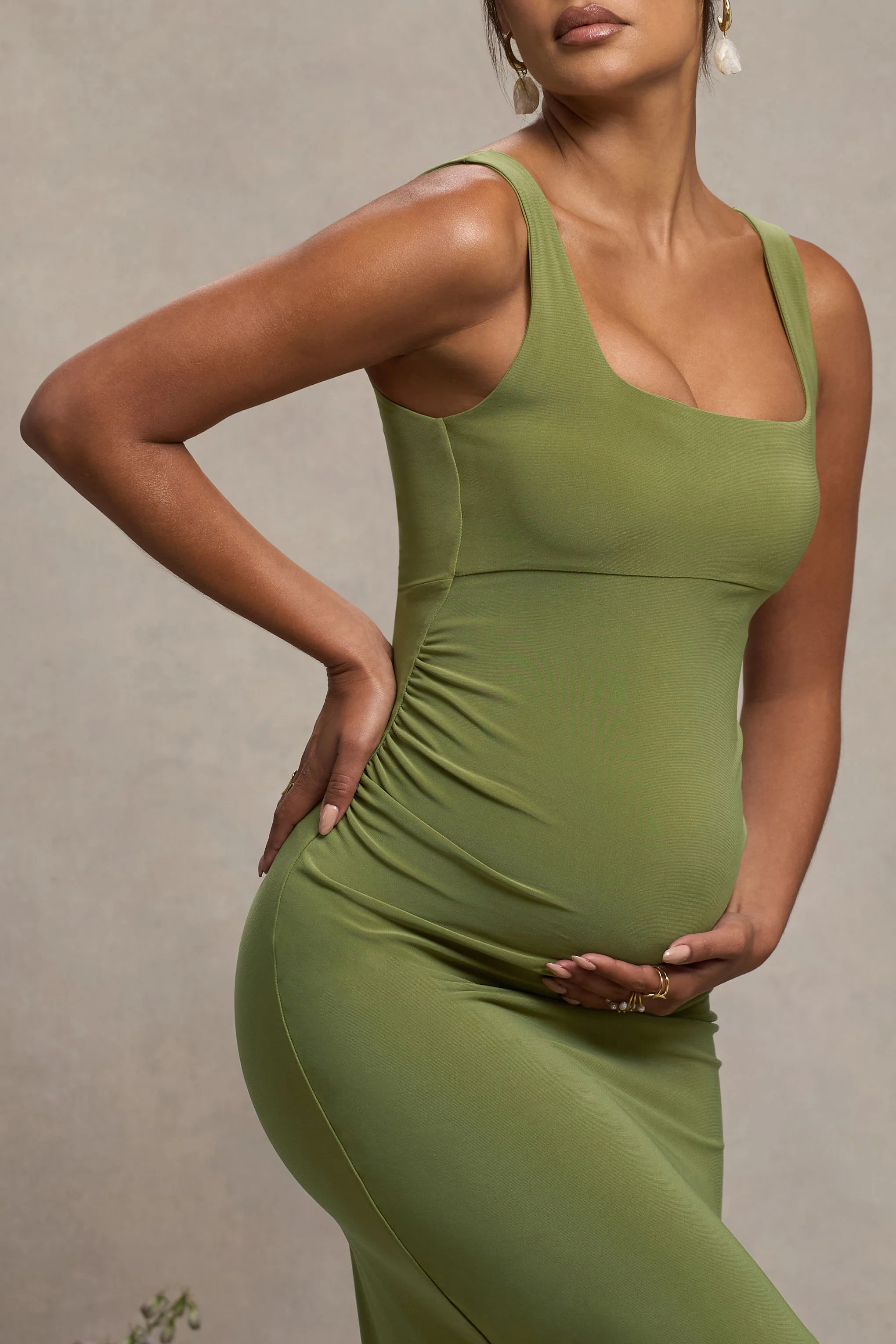 Avril | Olive Square Neck Maternity Maxi Dress with Split