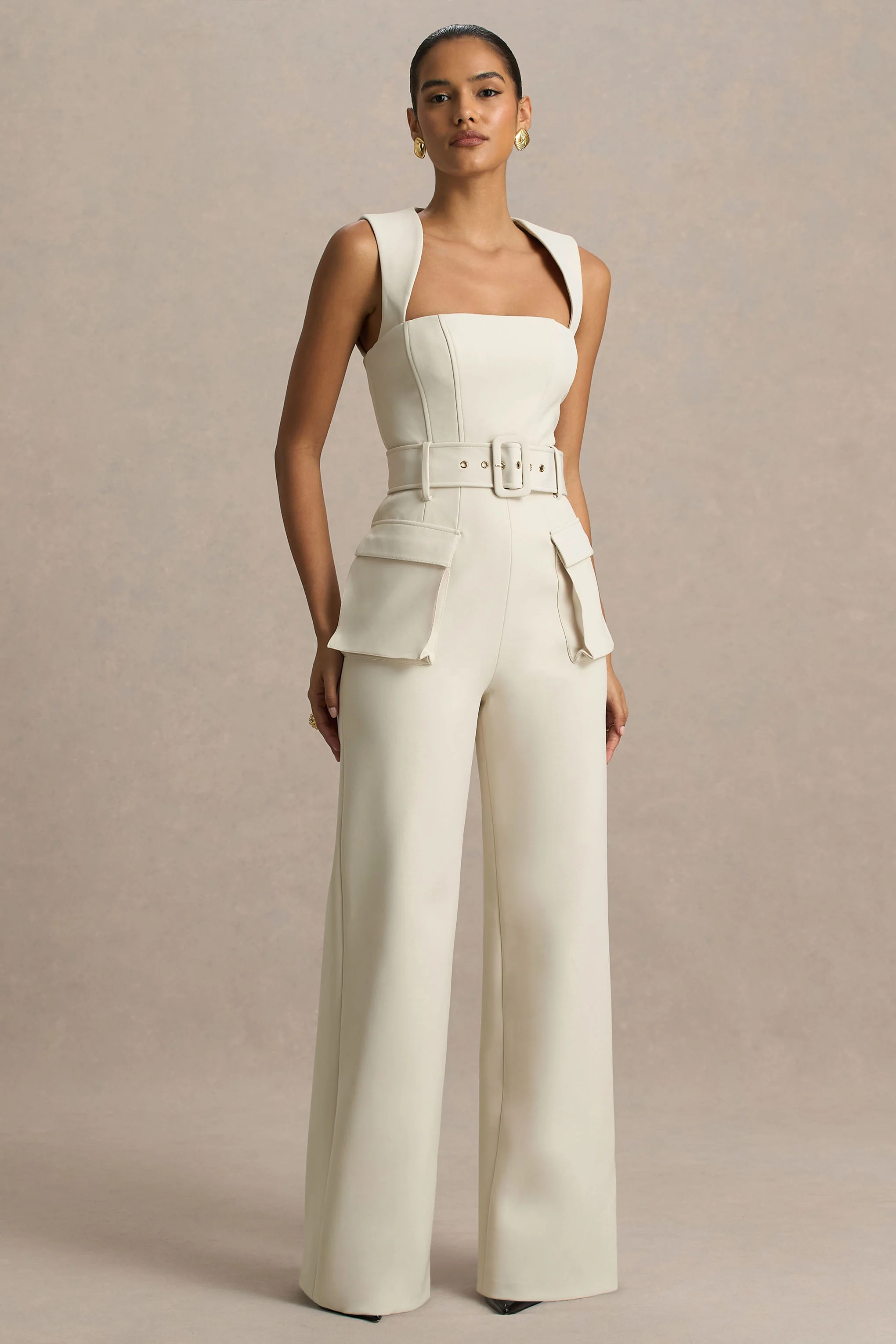 Solice | Cream Square-Neck Tailored Jumpsuit
