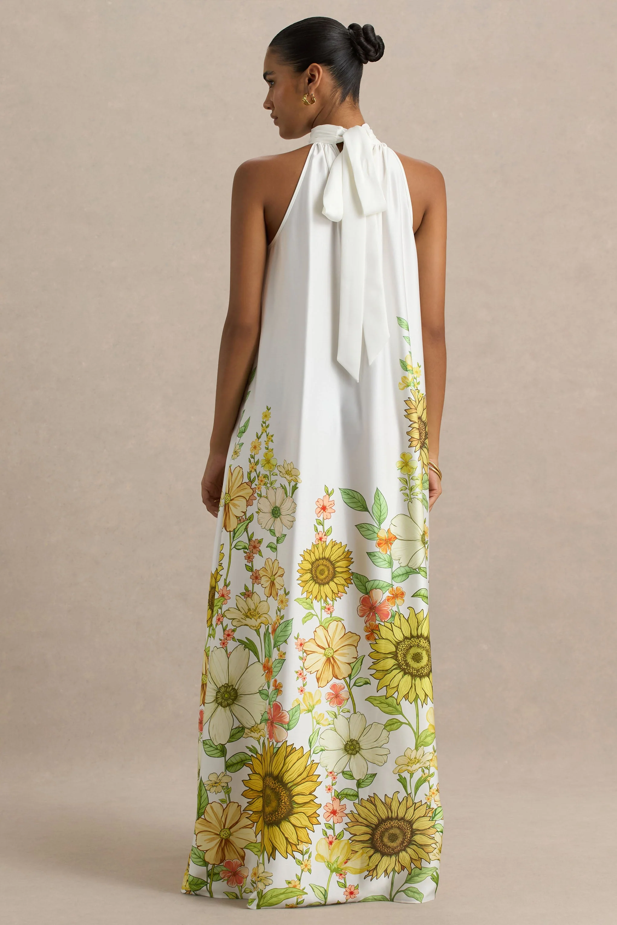 Glide | Sunflower Print Satin High-Neck Slip Maxi Dress