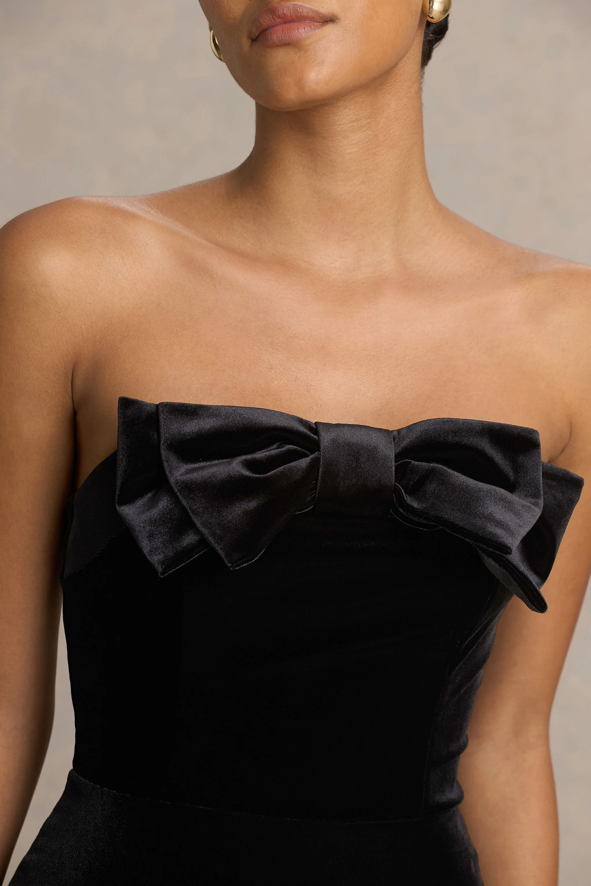 Illusion | Black Velvet Bandeau Maxi Dress With Bow Detail