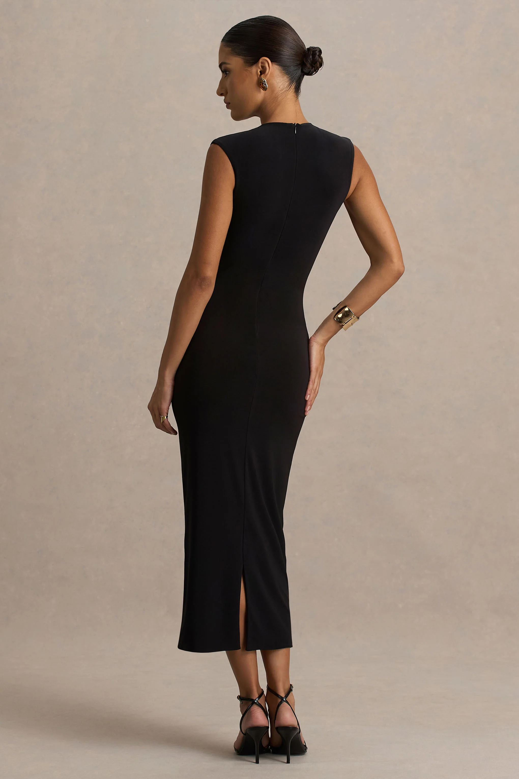 Harlow | Black Crew-Neck Wrapped Midi Dress