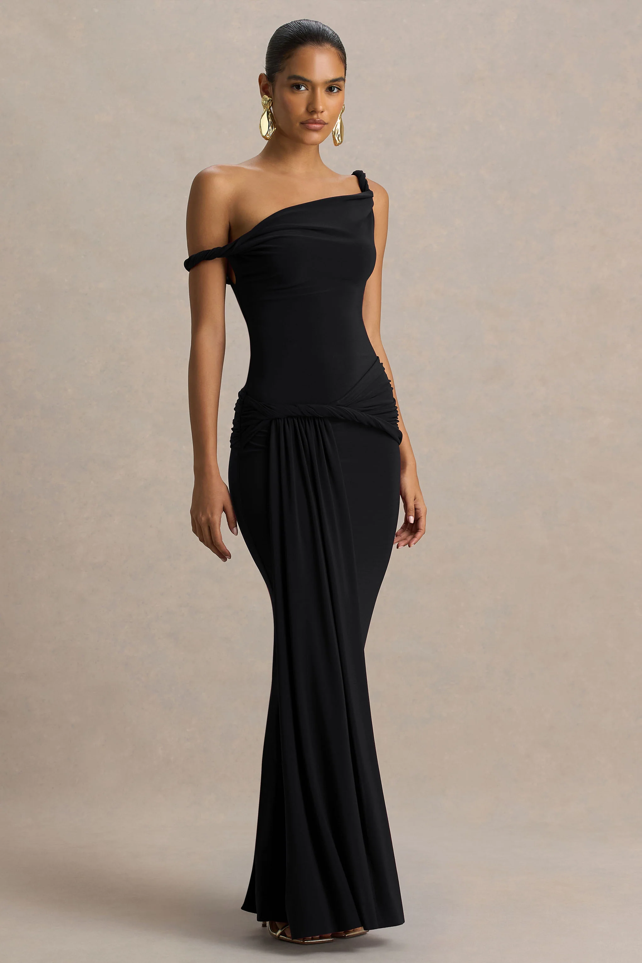 Tulisa | Black Asymmetric-Neck Maxi Dress With Twist Sleeves And Ruched Detailing