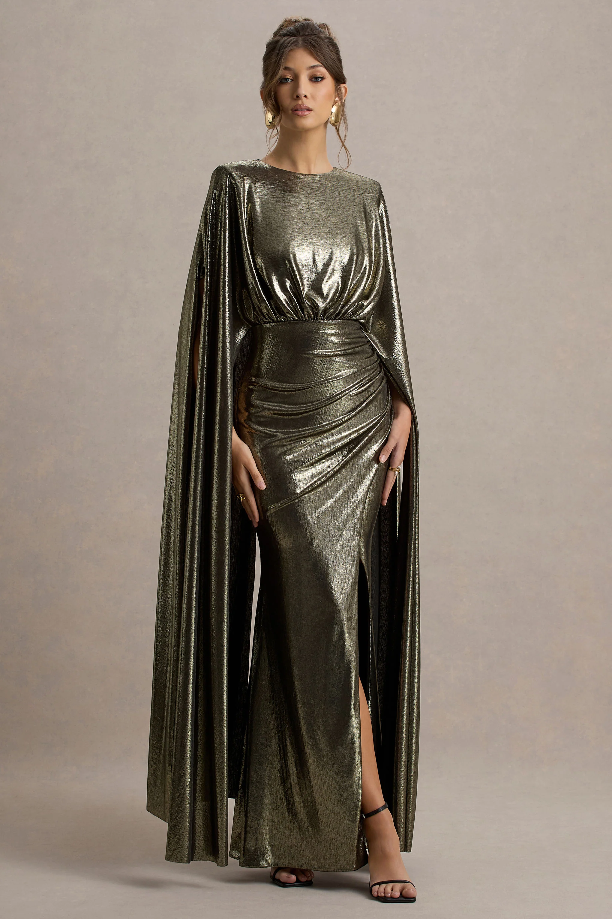 Theia | Gold Metallic Cape-Sleeve Split Maxi Dress