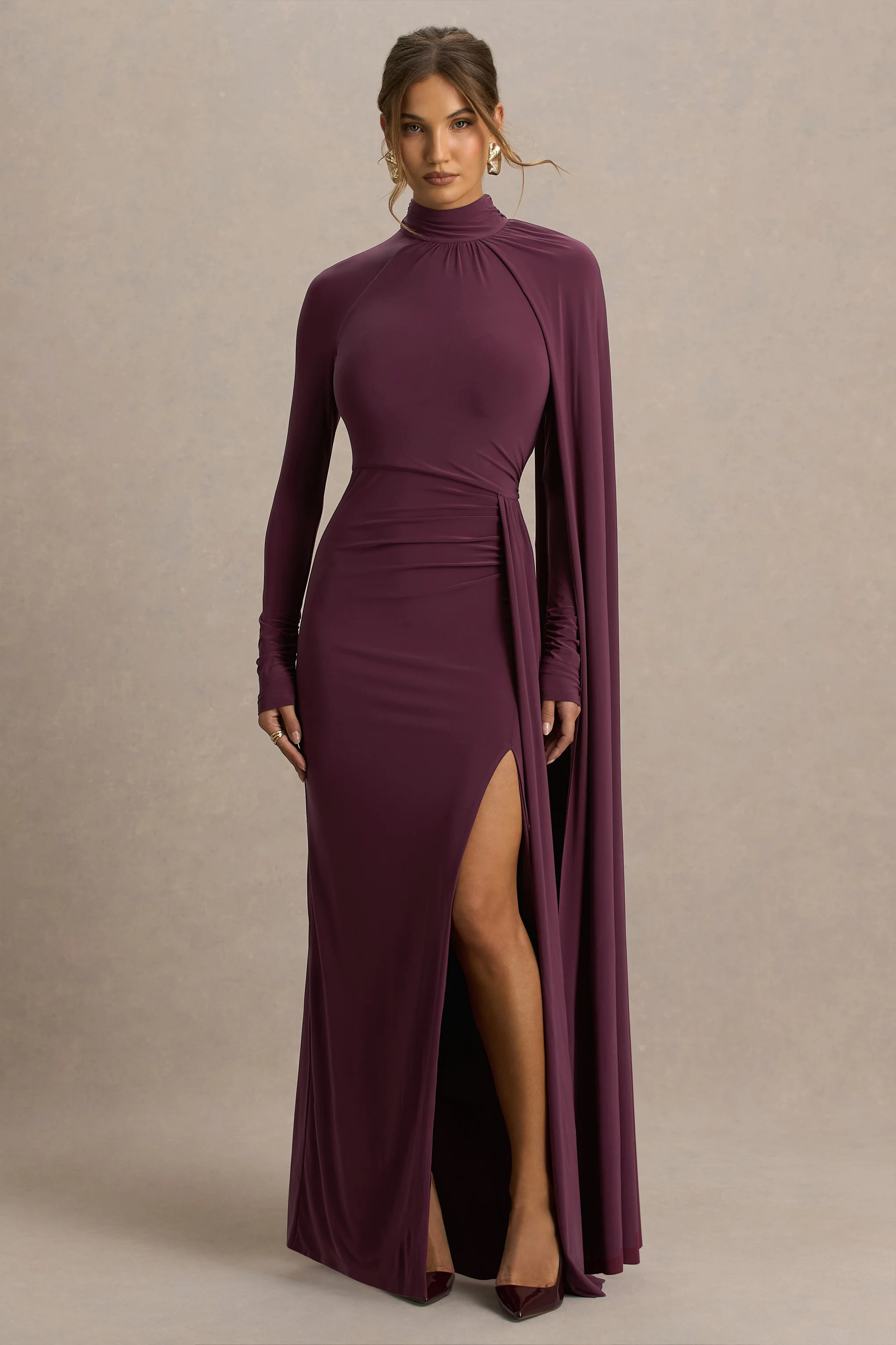 Anticipation | Burgundy High-Neck Maxi Dress With Front Split And Ruched Detailing