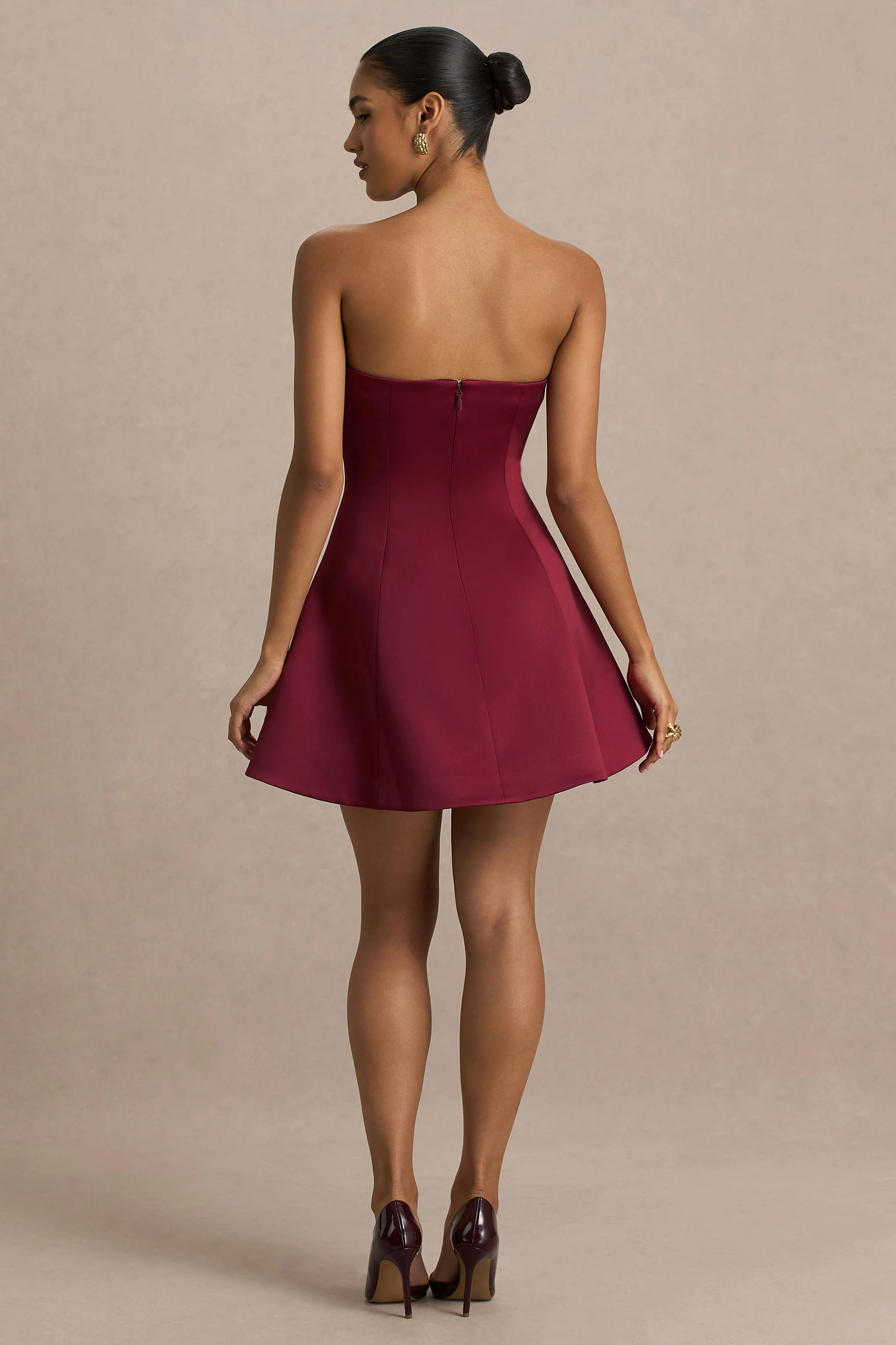 Lioray | Burgundy Satin Bandeau-Neck A-Line Mini Dress
