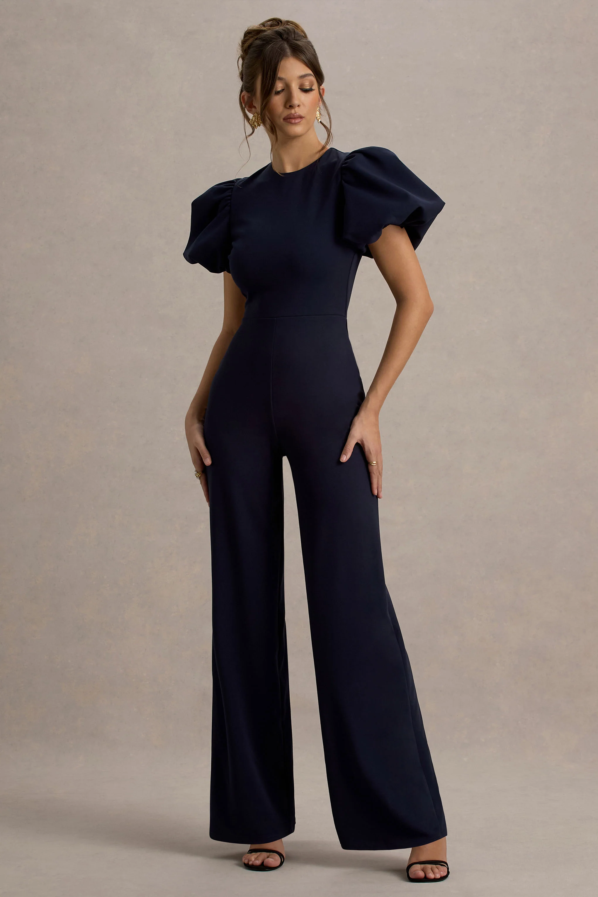 Dillon | Navy Puff-Sleeve Straight-Leg Jumpsuit