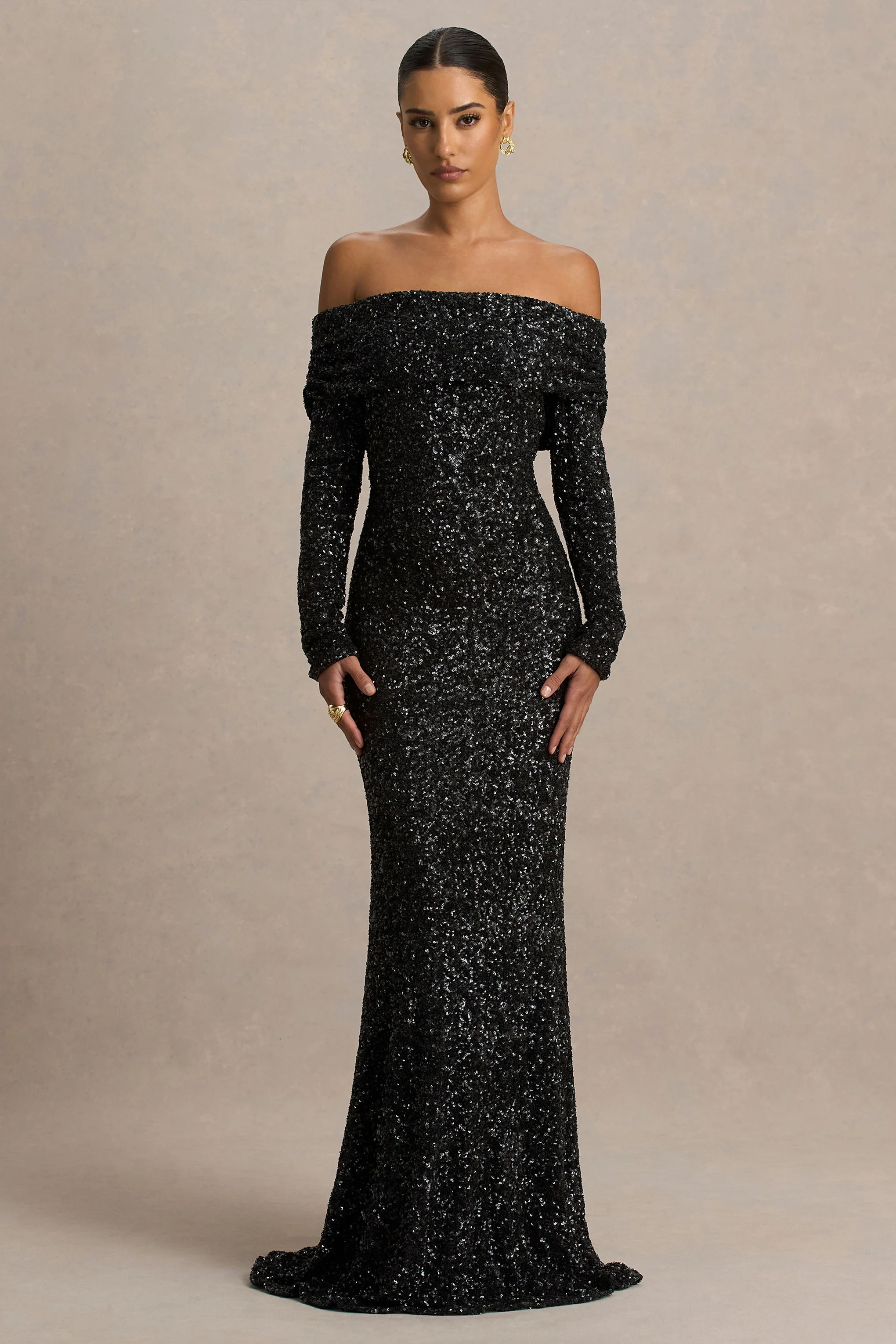 Obsession | Black Sequin Bardot-Neck Maxi Dress With Long Sleeves
