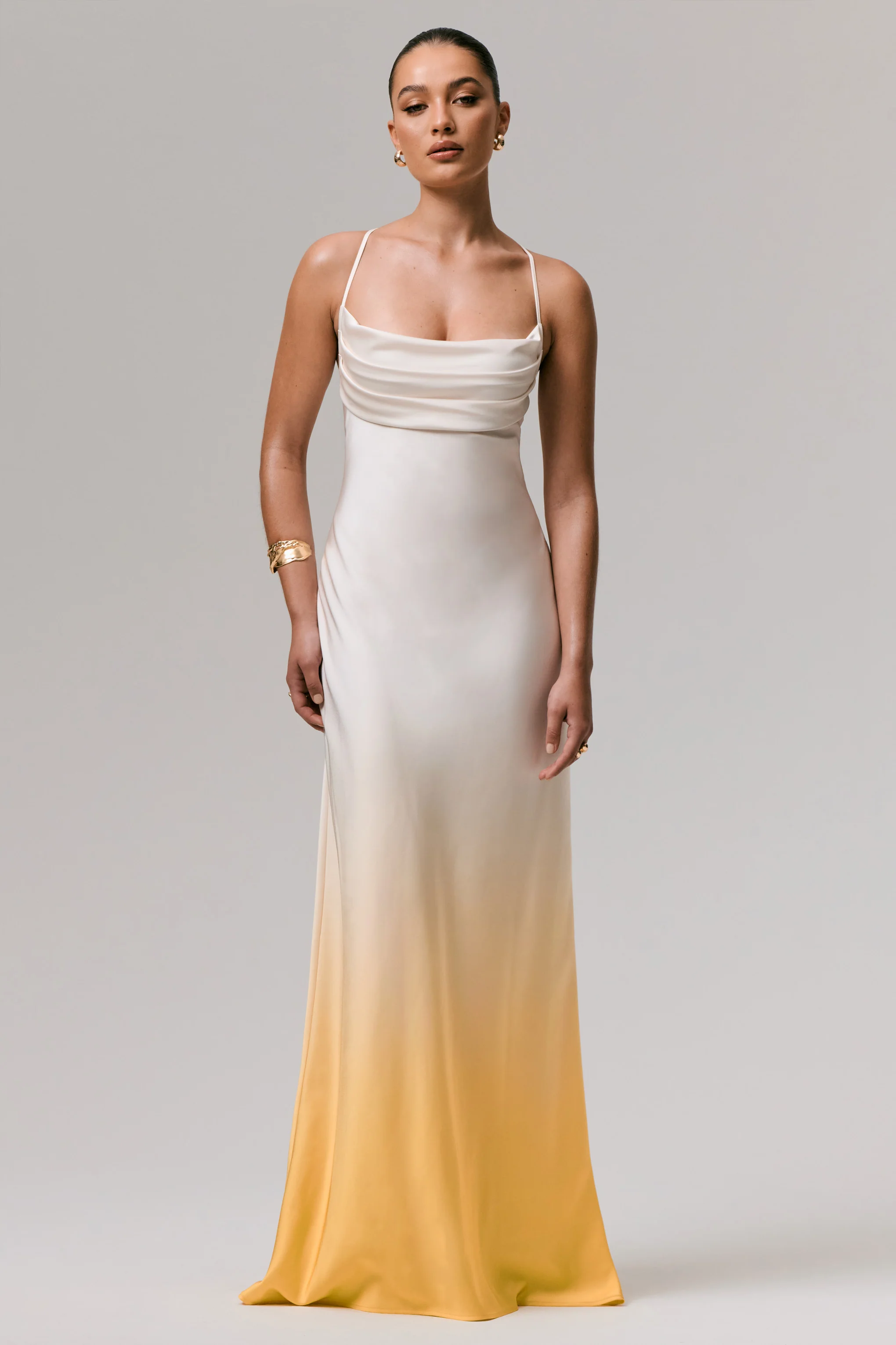 Lucie | Yellow Ombre Satin Cowl-Neck Maxi Dress