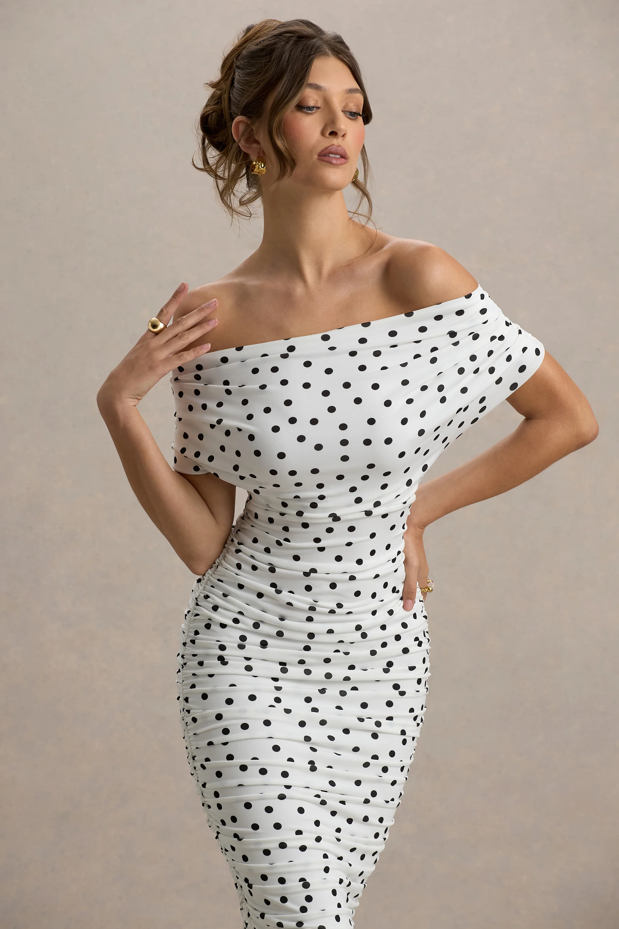 Rayleigh | Polka Dot Bardot Ruched Midi Dress