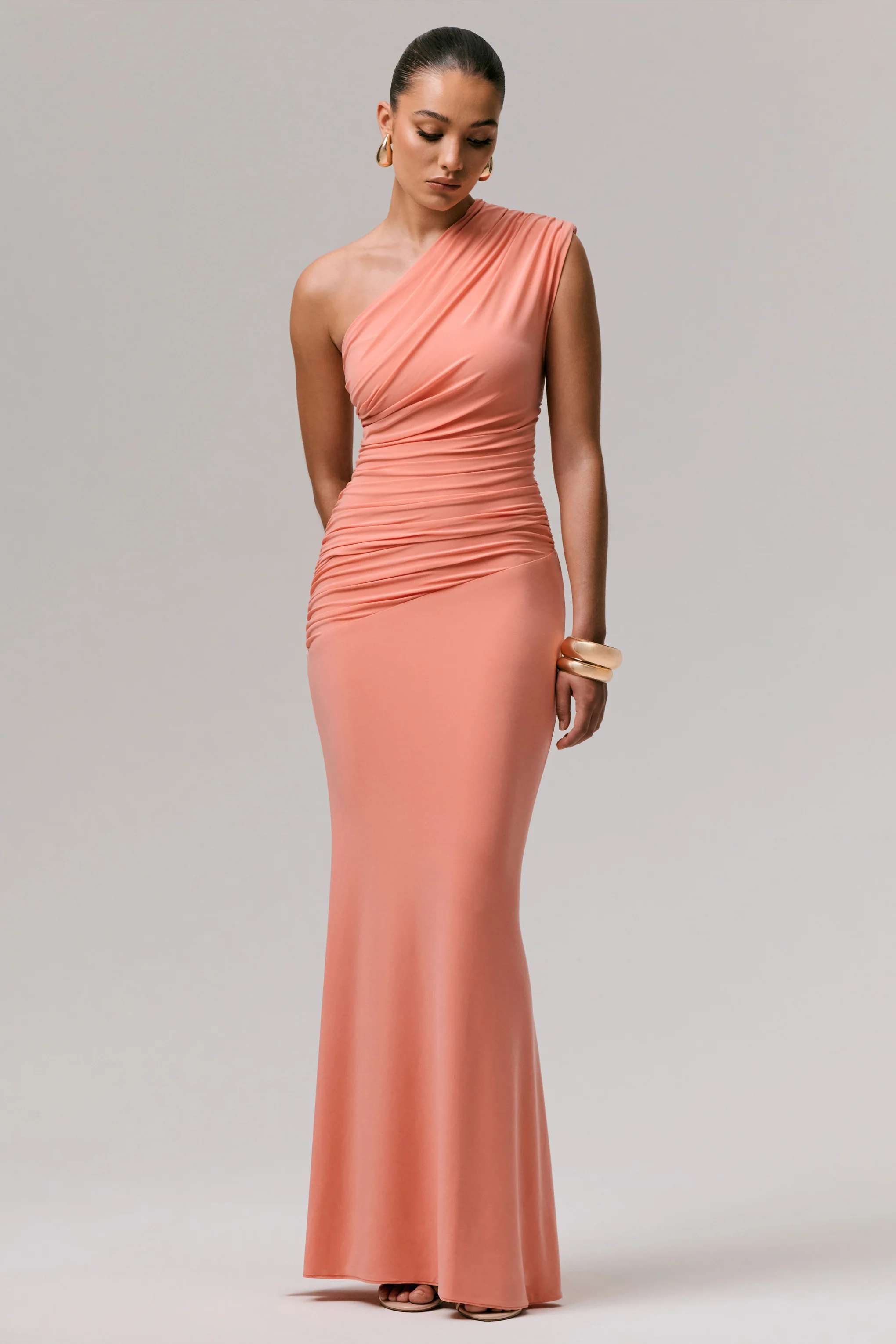 Mardi | Coral Asymmetric Maxi Dress With Ruching