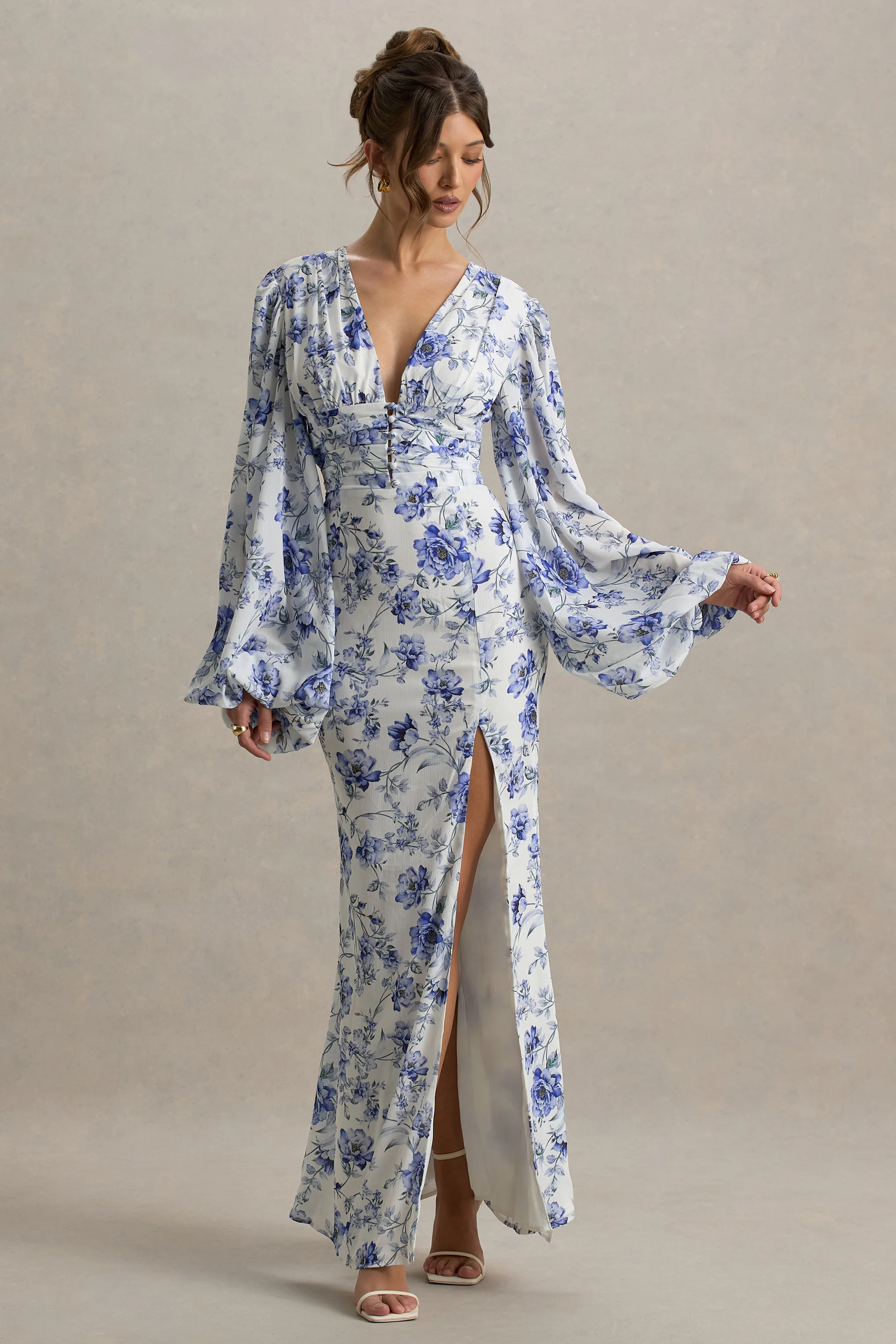 Casarile | Blue Floral Print V-Neck Balloon Sleeve Maxi Dress