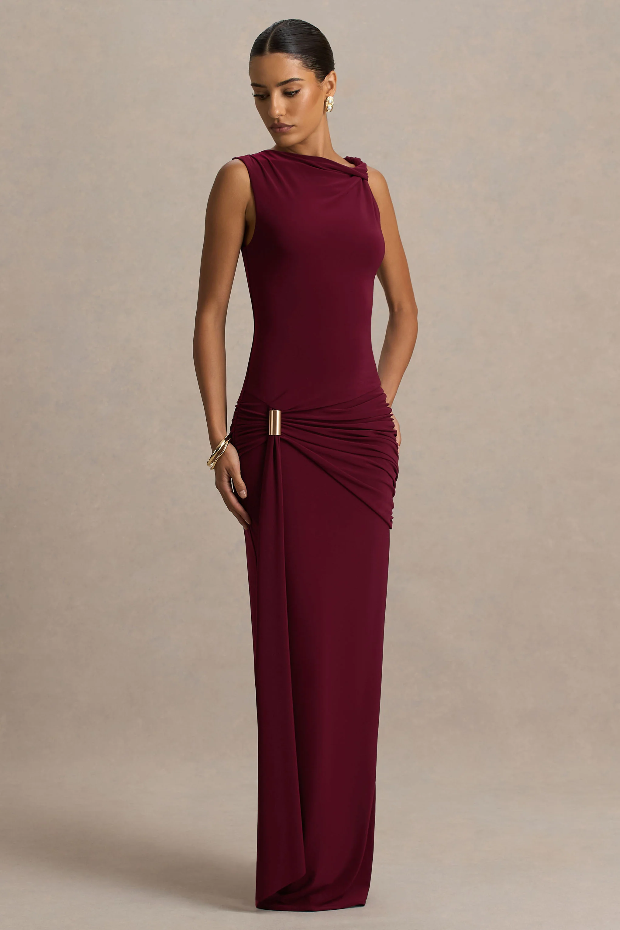 Decadence | Burgundy High-Neck Wrapped Maxi Dress With Twist-Sleeve