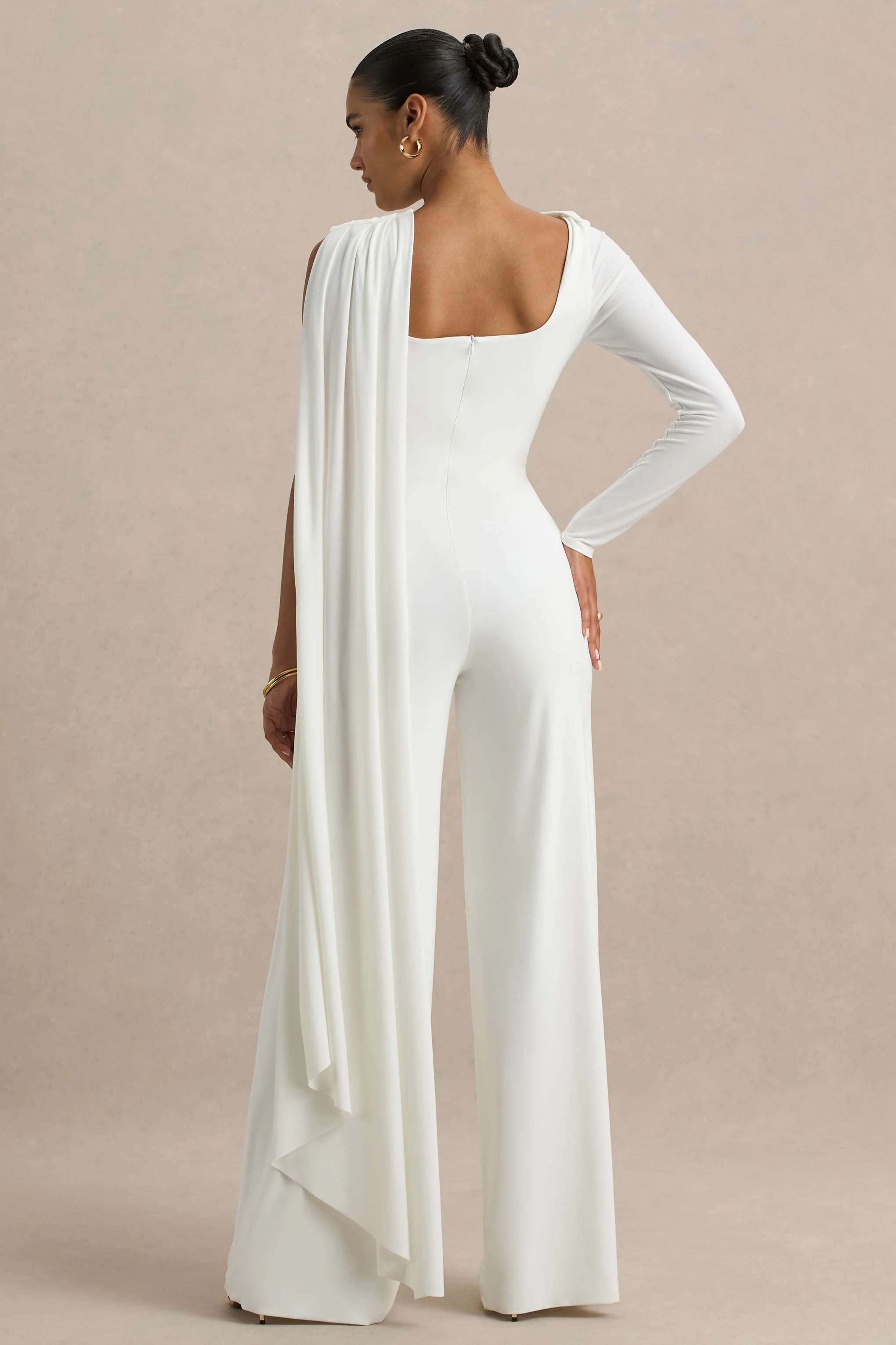 Graces | White High-Neck Jumpsuit With Cape Sleeve