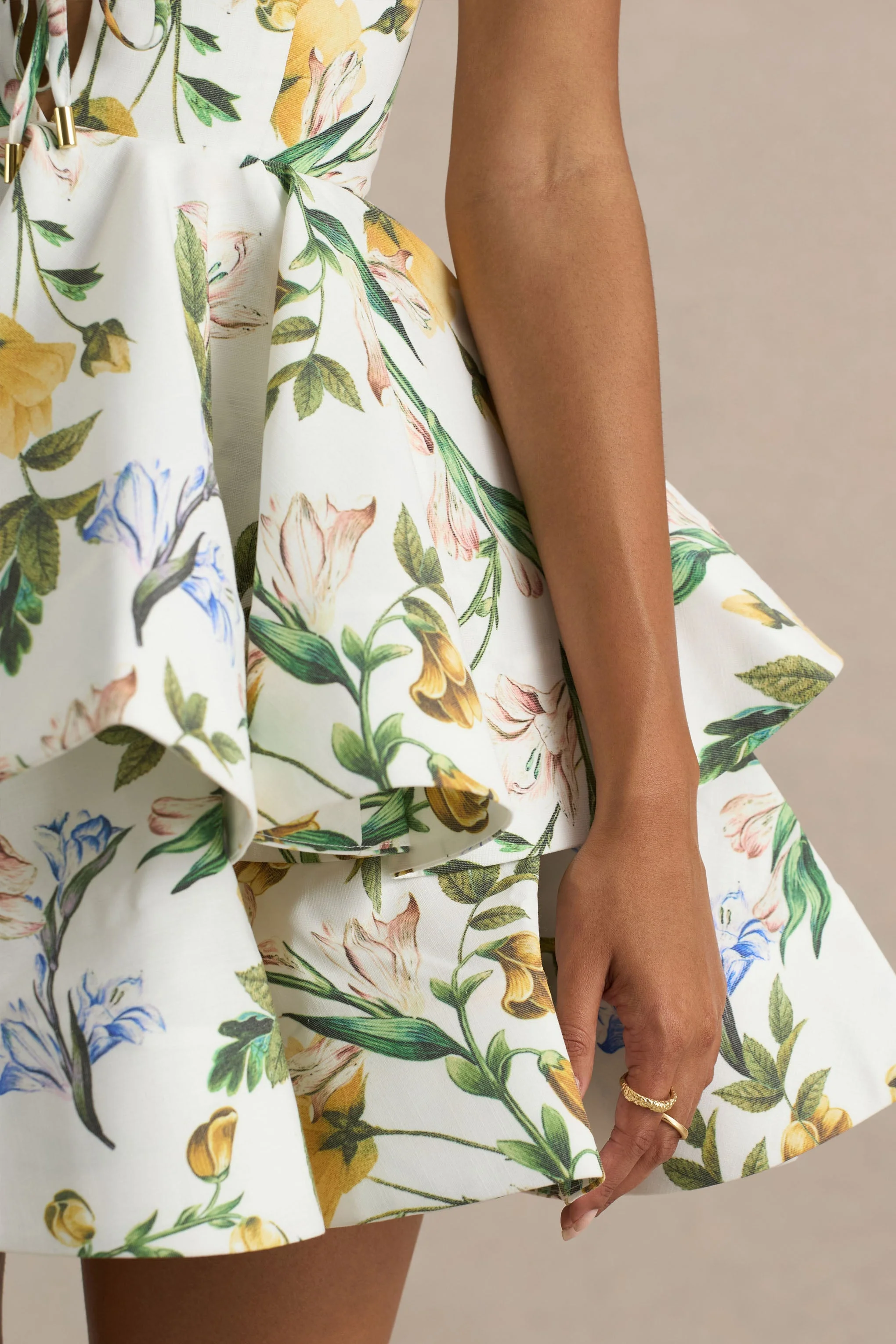 Flavia | White Botanical Print Linen Plunge-Neck Ruffled Skater Micro-Mini Dress