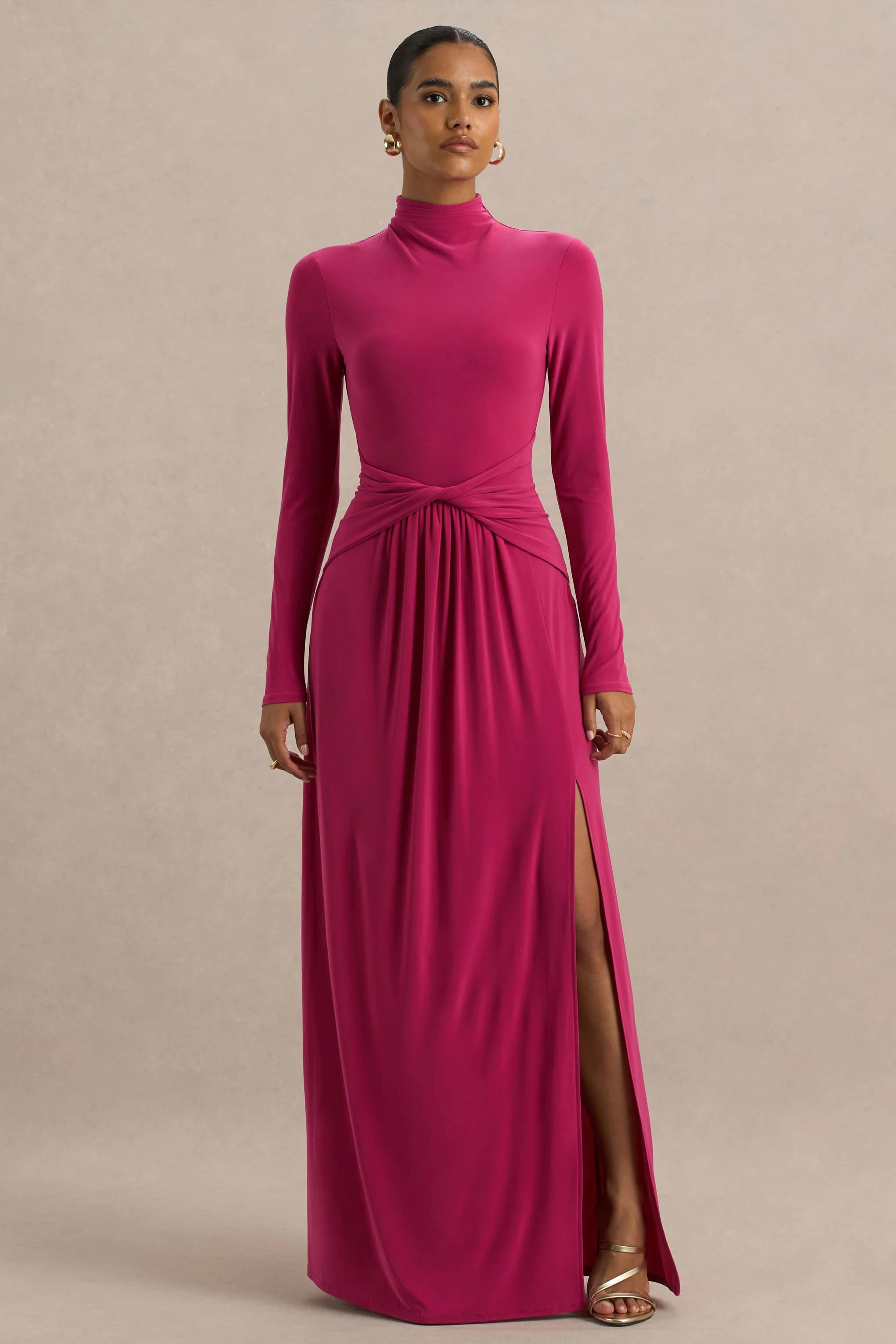 Hourglass | Hot Pink Long-Sleeve Twisted Maxi Dress With Split