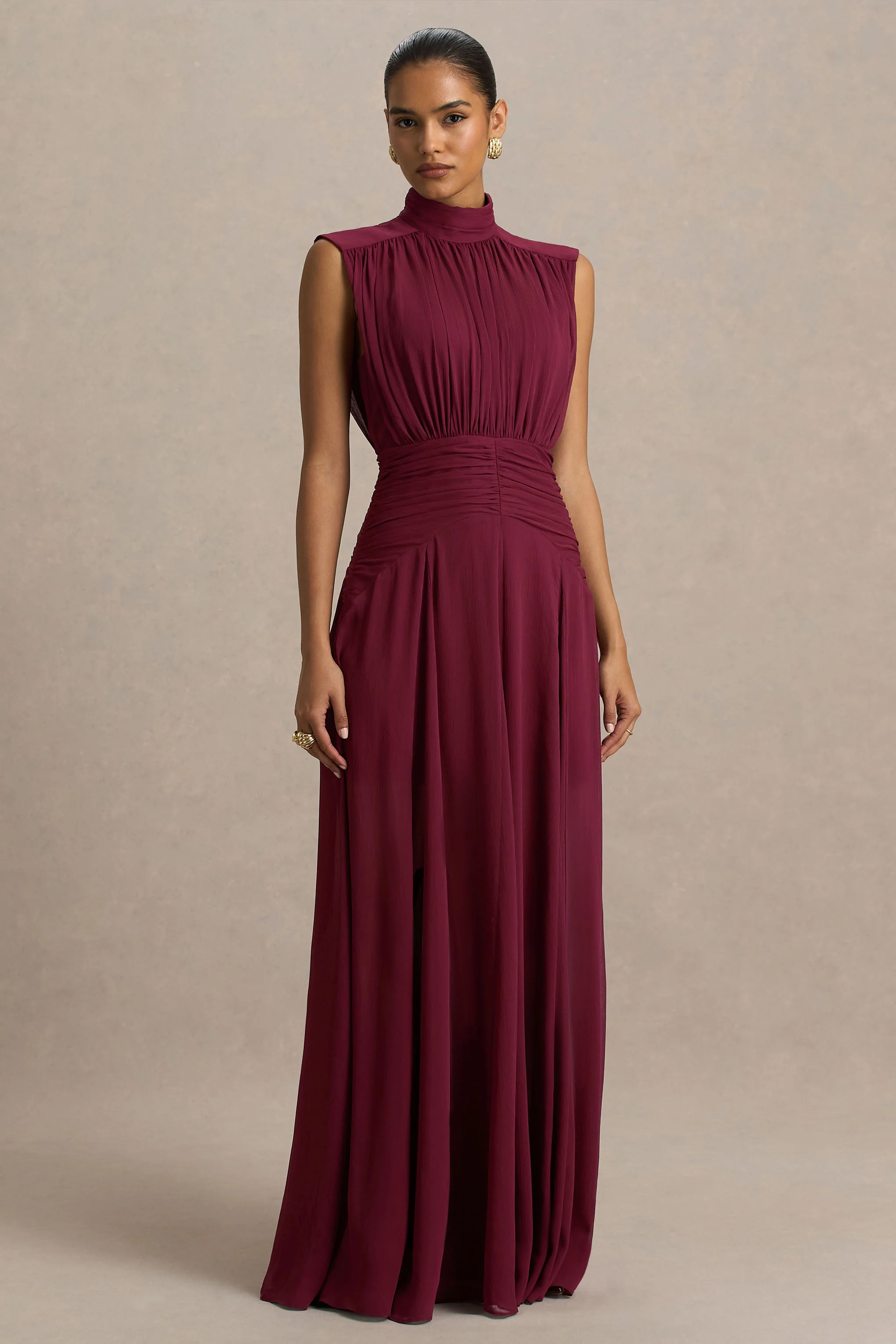 Melanina | Burgundy High-Neck Maxi Dress With Ruched Detailing