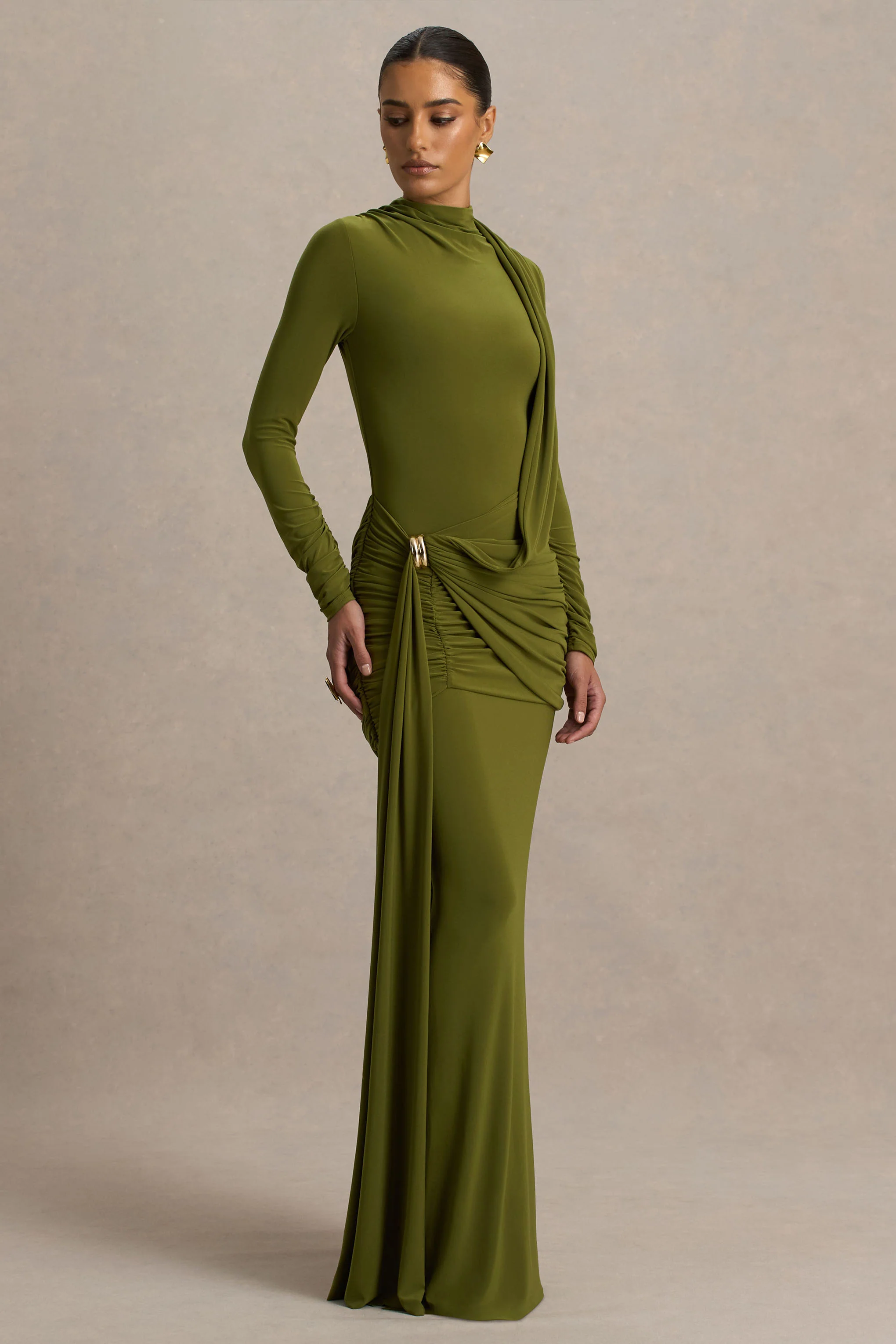 Melissa | Olive Long-Sleeve Wrap Maxi Dress With Ruched Detailing