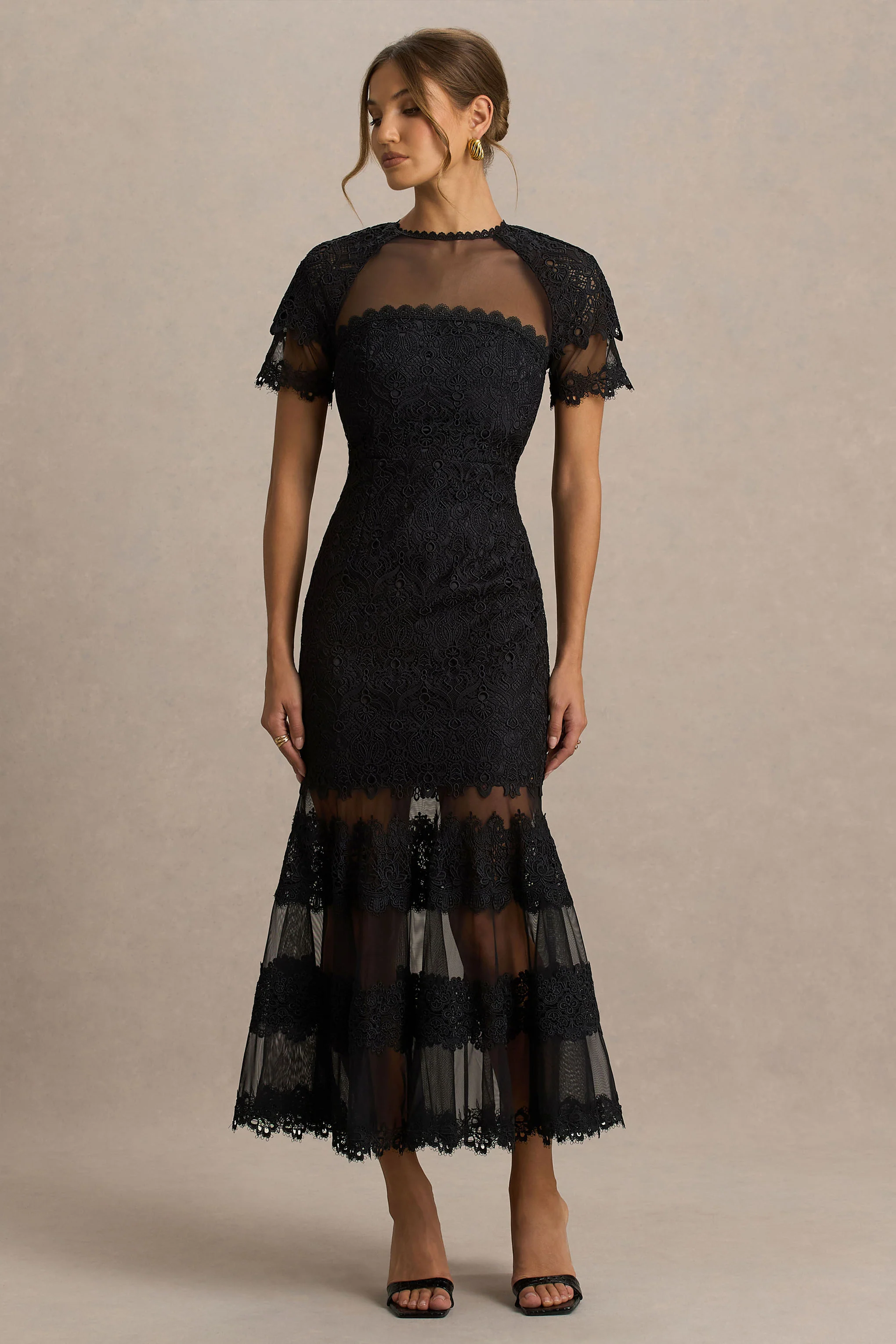 Leanne | Black Mesh And Lace Crew-Neck Fishtail Midi Dress