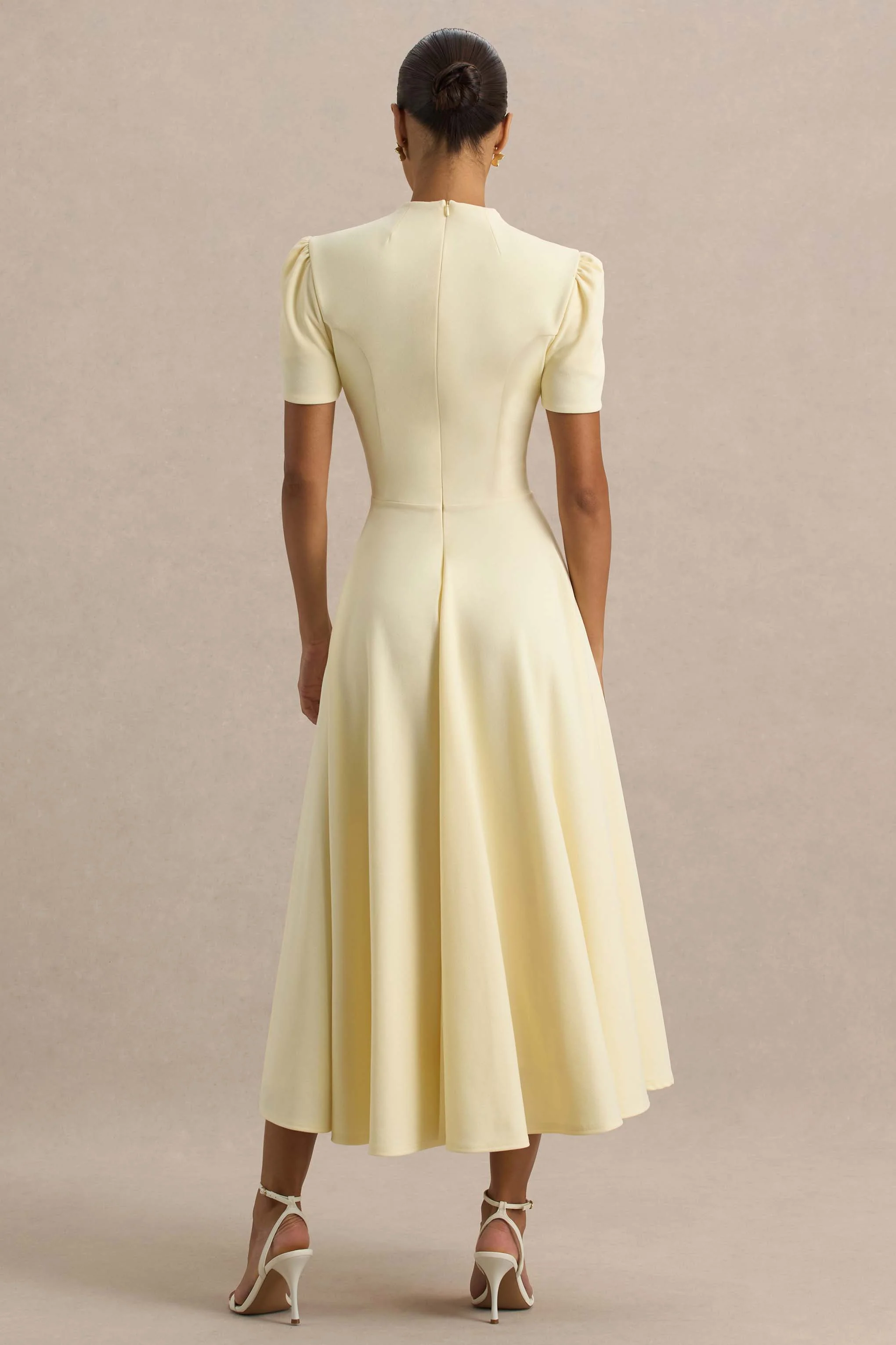 Vicky | Lemon High Neck Midi Dress With Puff Sleeves