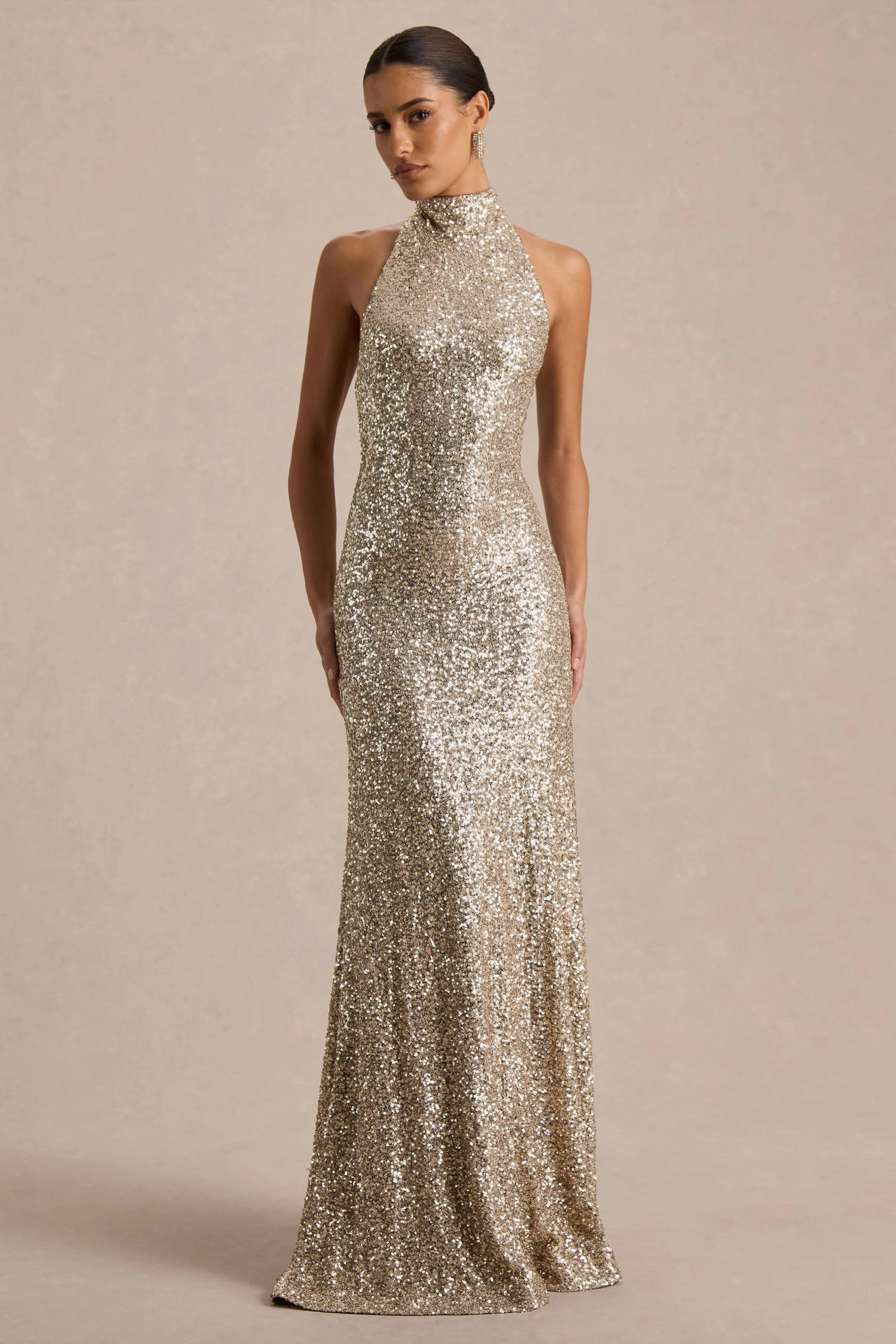 Tulia | Champagne Sequin High-Neck Maxi Dress