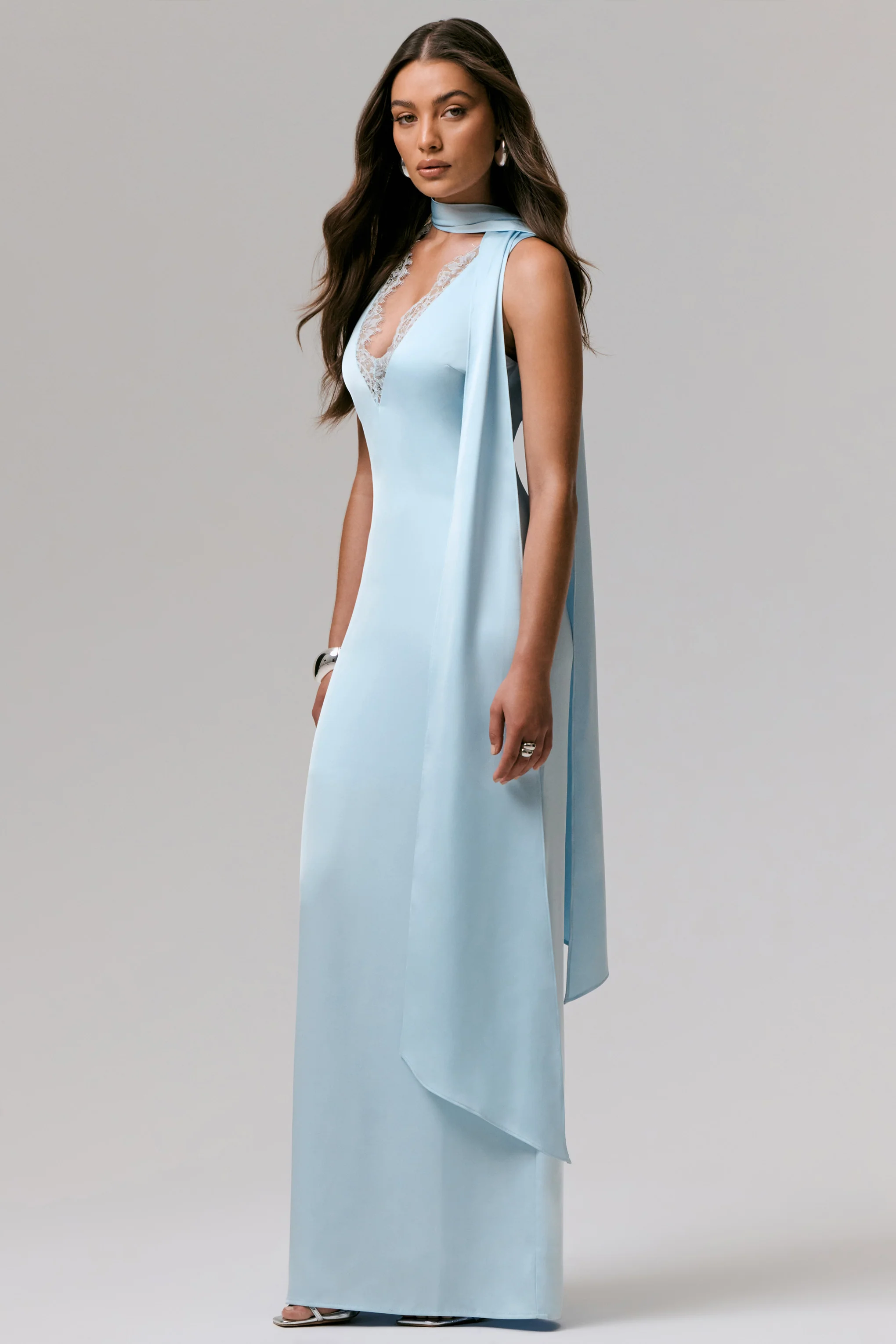 True Icon | Powder Blue Satin V-Neck Maxi Slip Dress With Sash