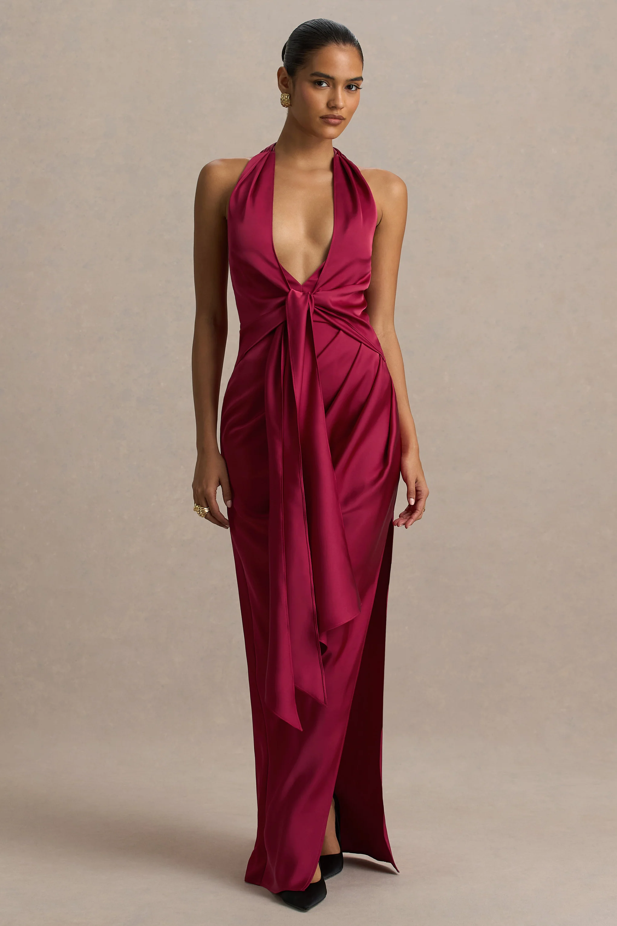 Lynette | Burgundy Satin Plunge-Neck Asymmetric Maxi Dress
