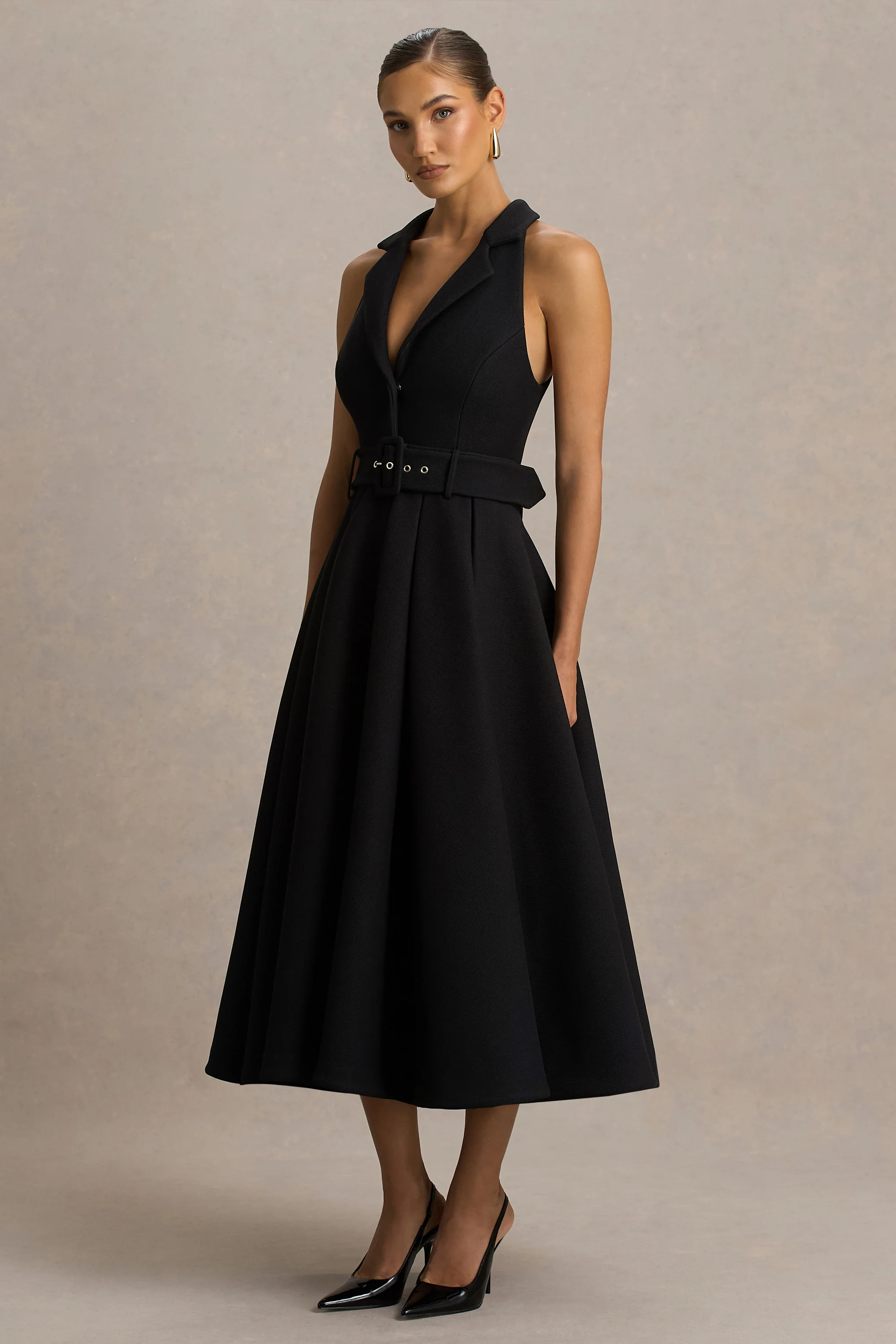 Alessa | Black Plunge-Neck Tailored Midi Dress