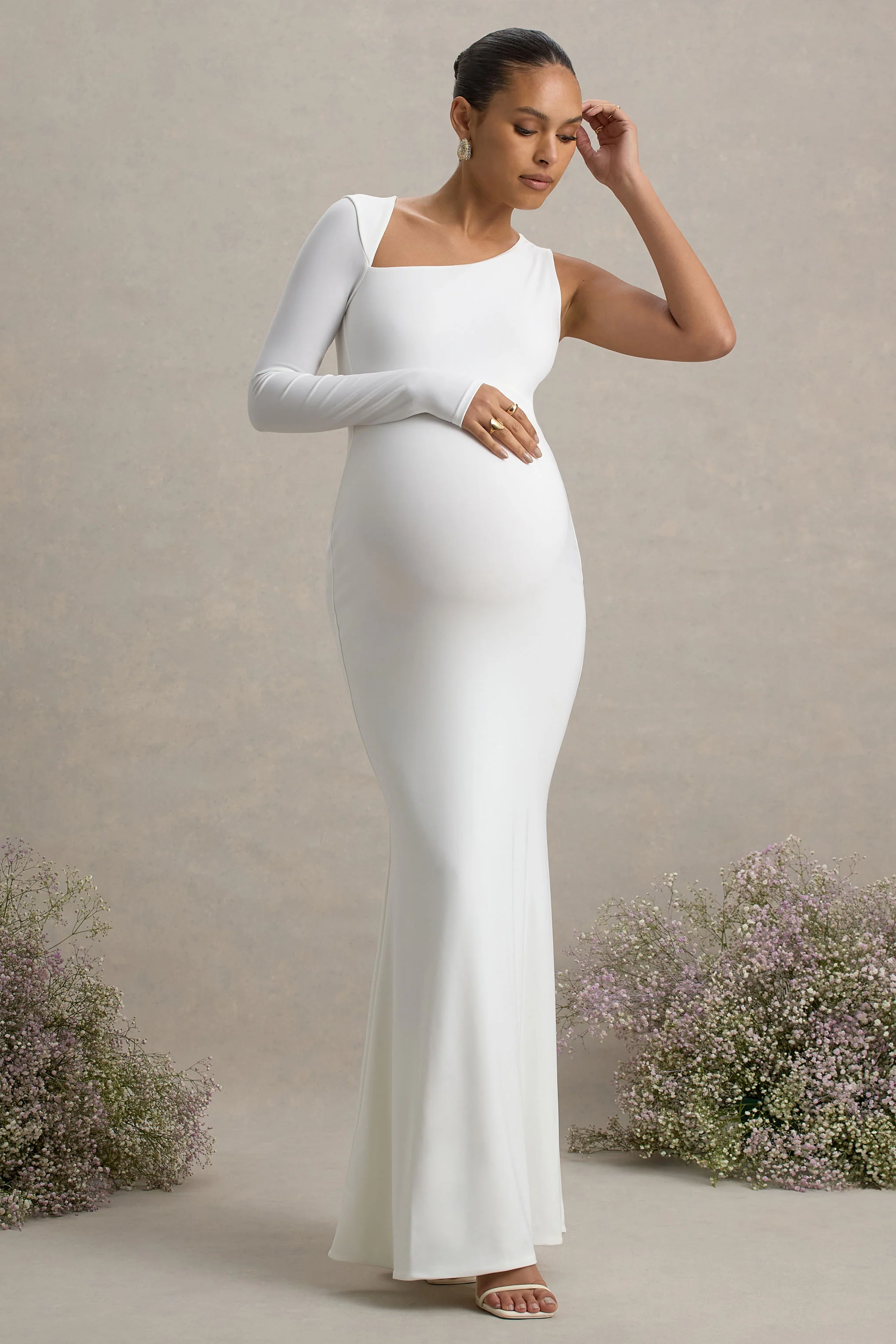 Oh Baby | White Maternity One Shoulder Bodycon Maxi Dress