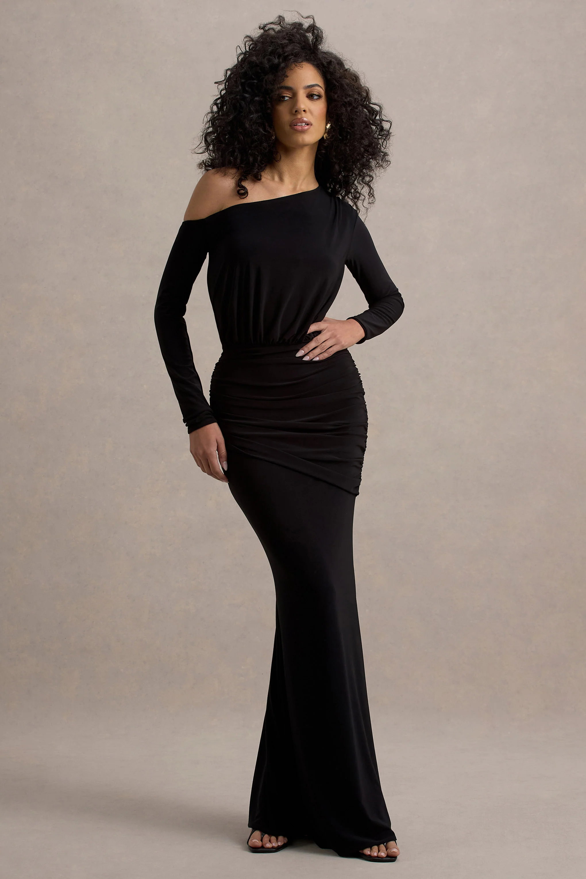 Deanna | Black Asymmetric Long-Sleeve Ruched Maxi Dress