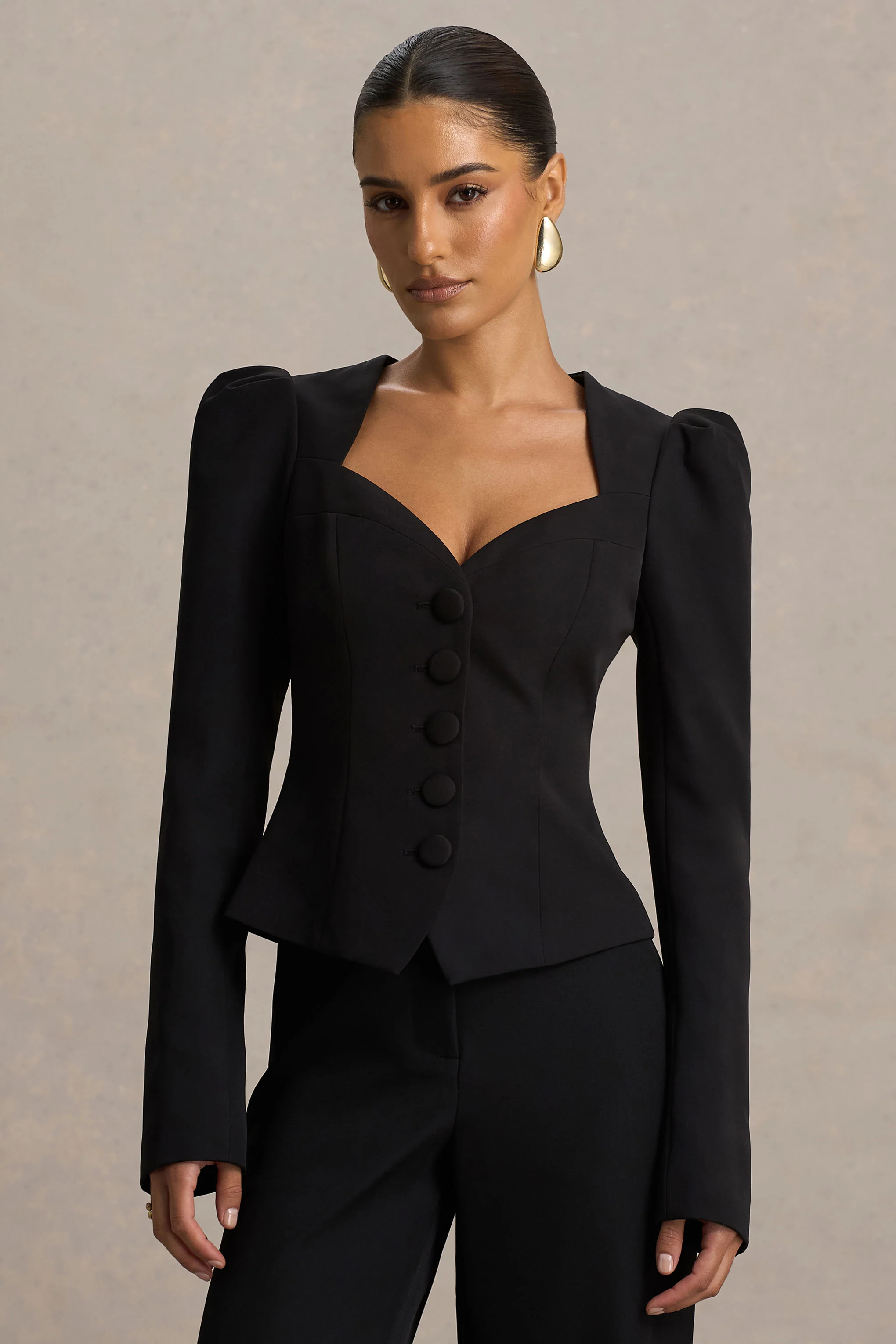 Olympia | Black Sweetheart-Neck Tailored Top